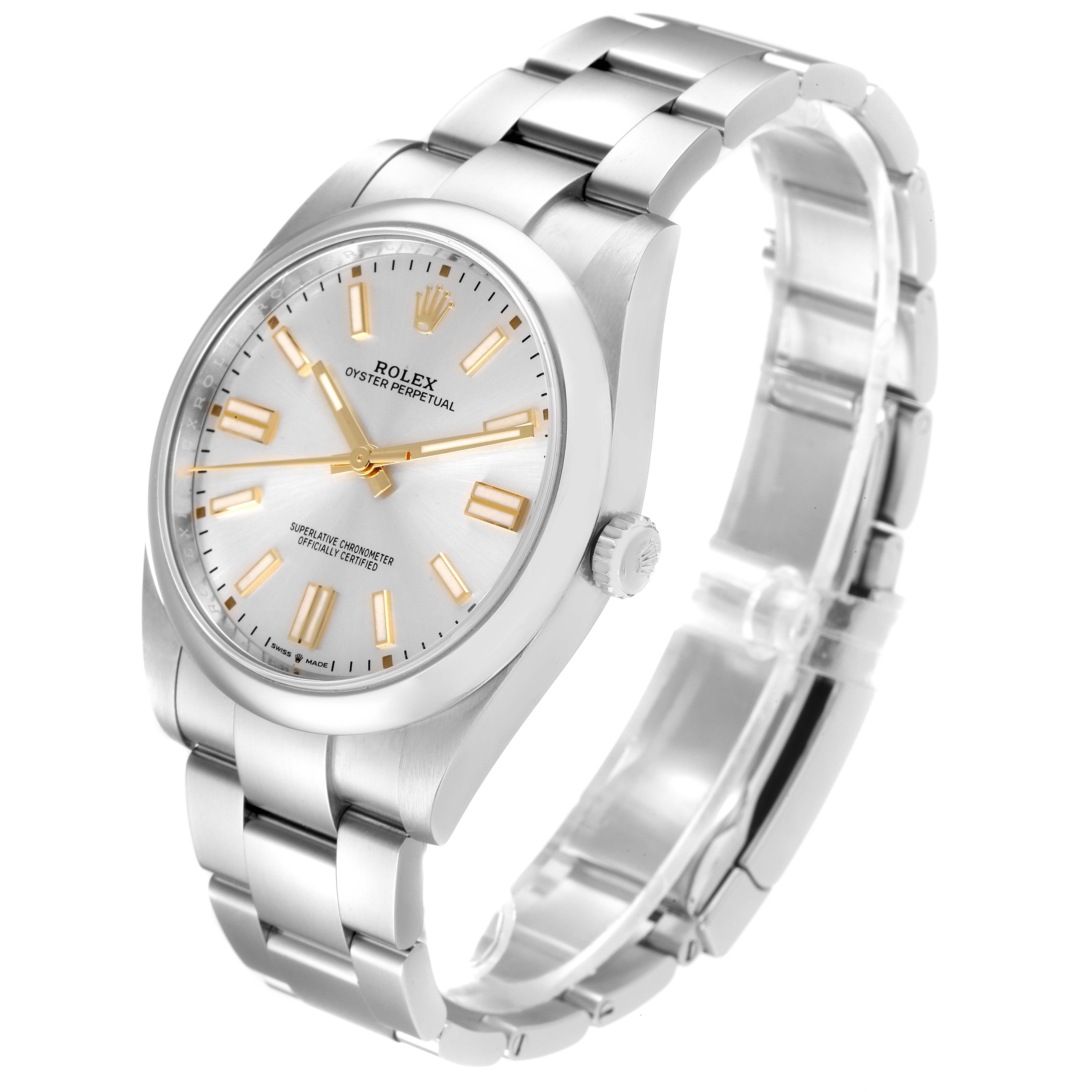 This image shows a Rolex Oyster Perpetual 124300 Men
s Stainless Steel Silver Dial 124300 Men
s Stainless Steel Silver Dial watch from a three-quarter angle, highlighting the face, bracelet, and crown.