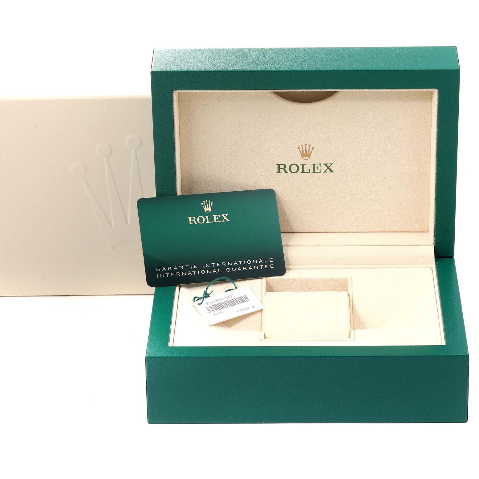 The image shows a watch box with international guarantee cards for a Rolex Oyster Perpetual 124300 Men
s Stainless Steel Silver Dial 124300 Men
s Stainless Steel Silver Dial model.