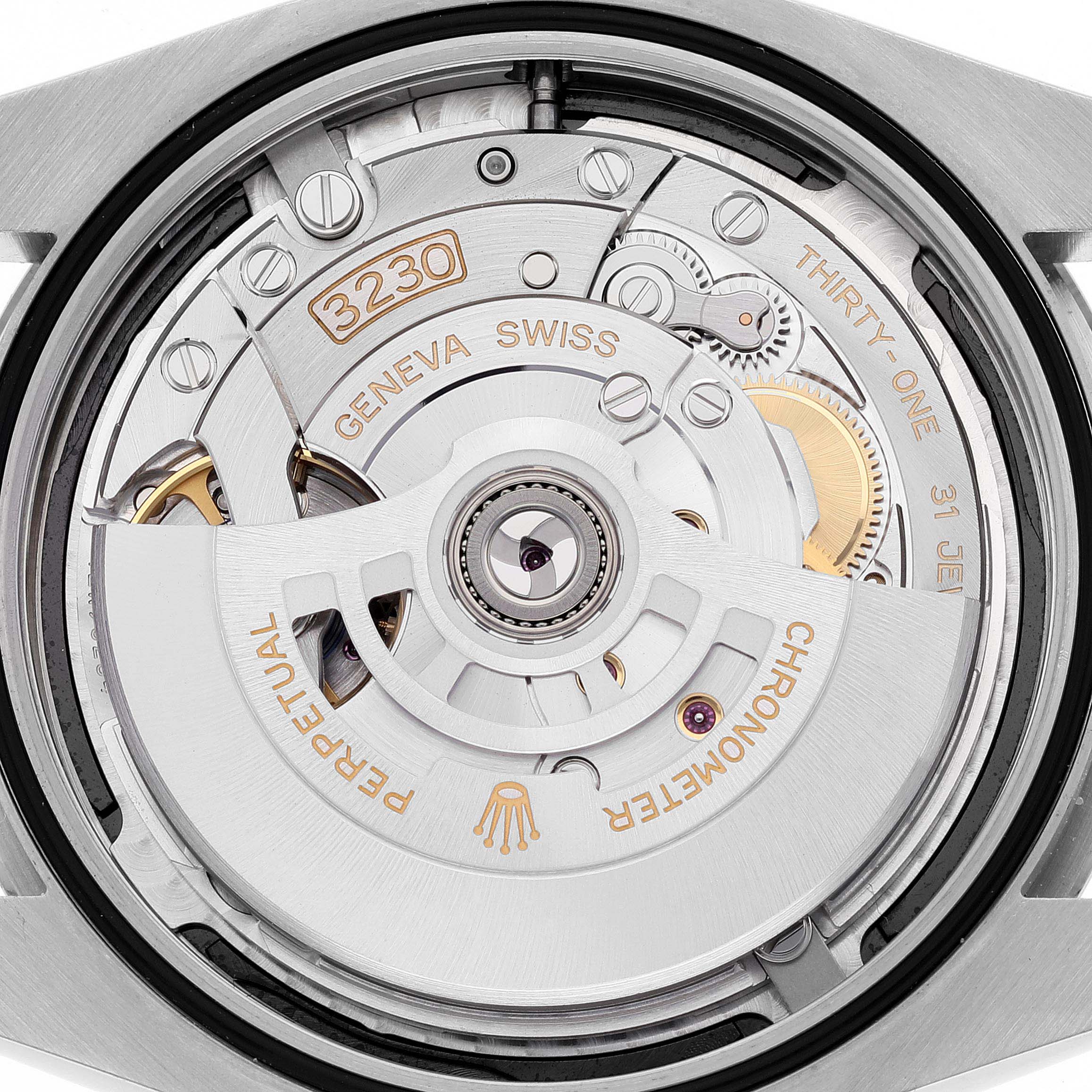This image shows the intricate inner mechanism of a Rolex Oyster Perpetual 124300 Men
s Stainless Steel Black Dial 124300 Men
s Stainless Steel Black Dial watch, specifically its movement and rotor from a back angle.