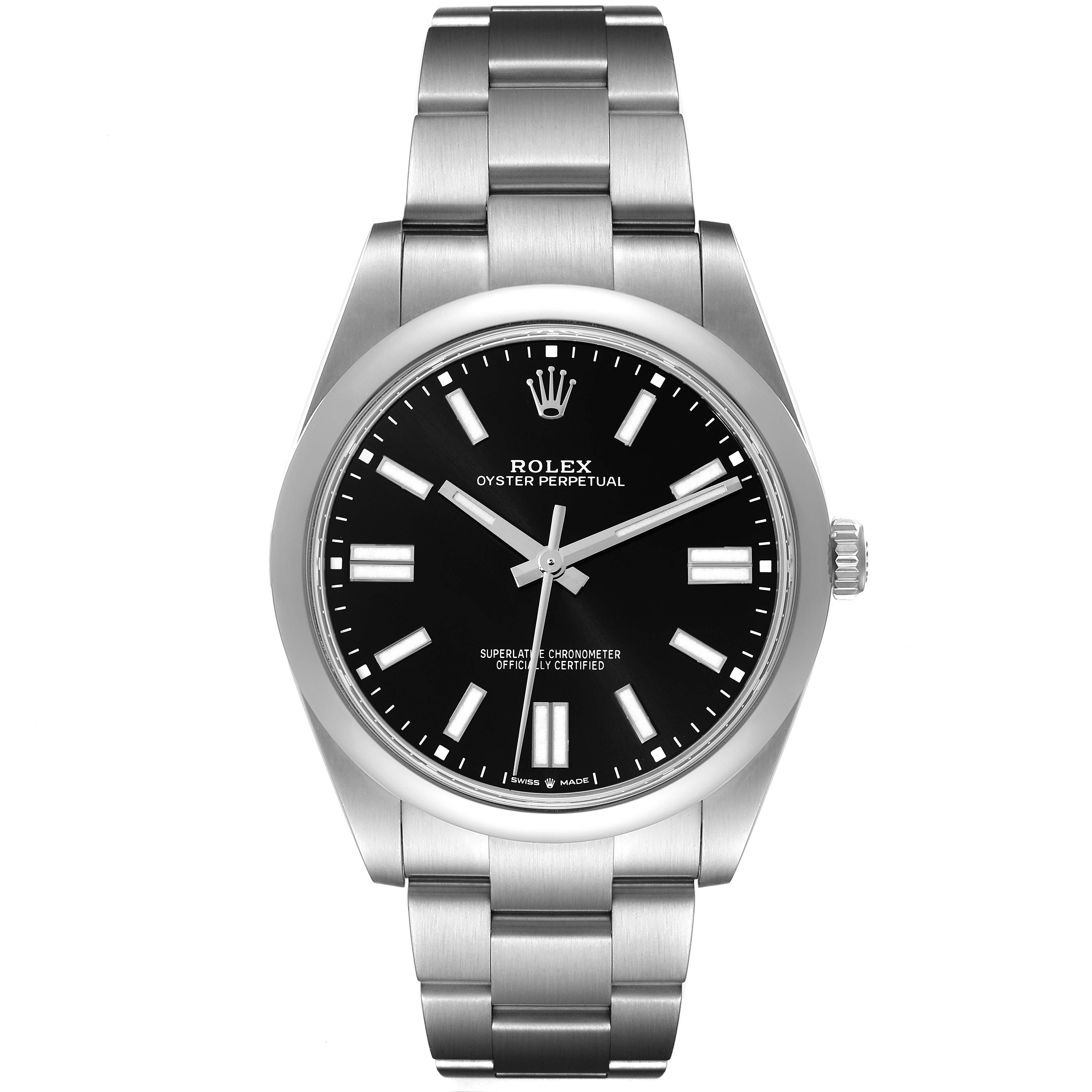 This image shows a frontal view of a Rolex Oyster Perpetual 124300 Men
s Stainless Steel Black Dial 124300 Men
s Stainless Steel Black Dial watch, highlighting its black dial, bezel, and metal bracelet.