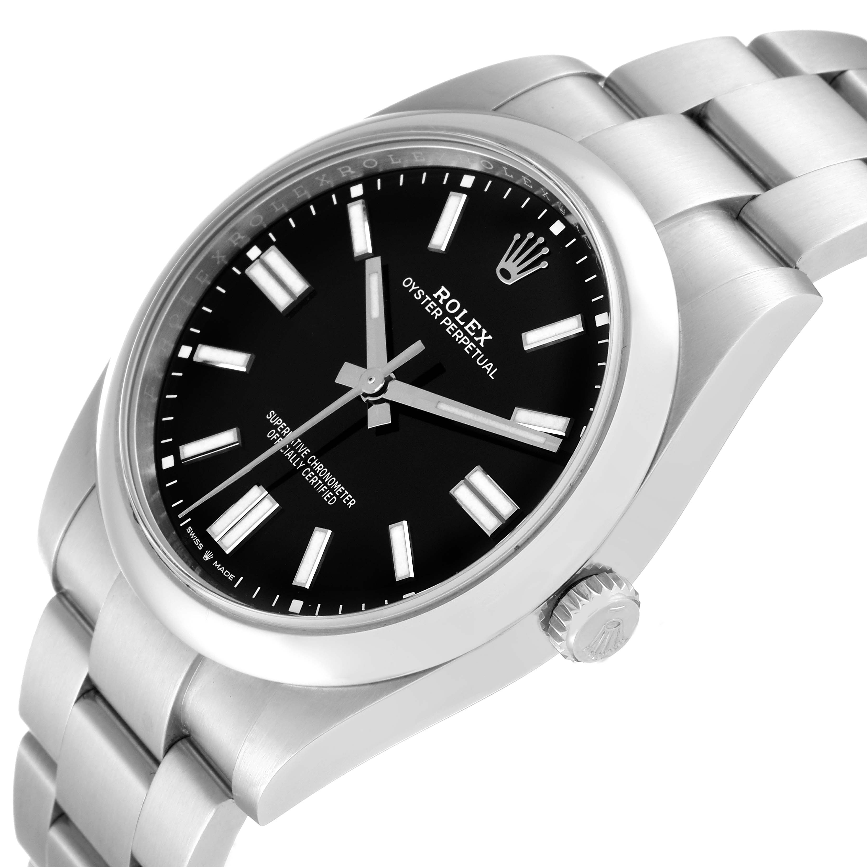 The image shows a side angle view of the Rolex Oyster Perpetual 124300 Men
s Stainless Steel Black Dial 124300 Men
s Stainless Steel Black Dial, highlighting its black dial, silver hands, and bracelet.