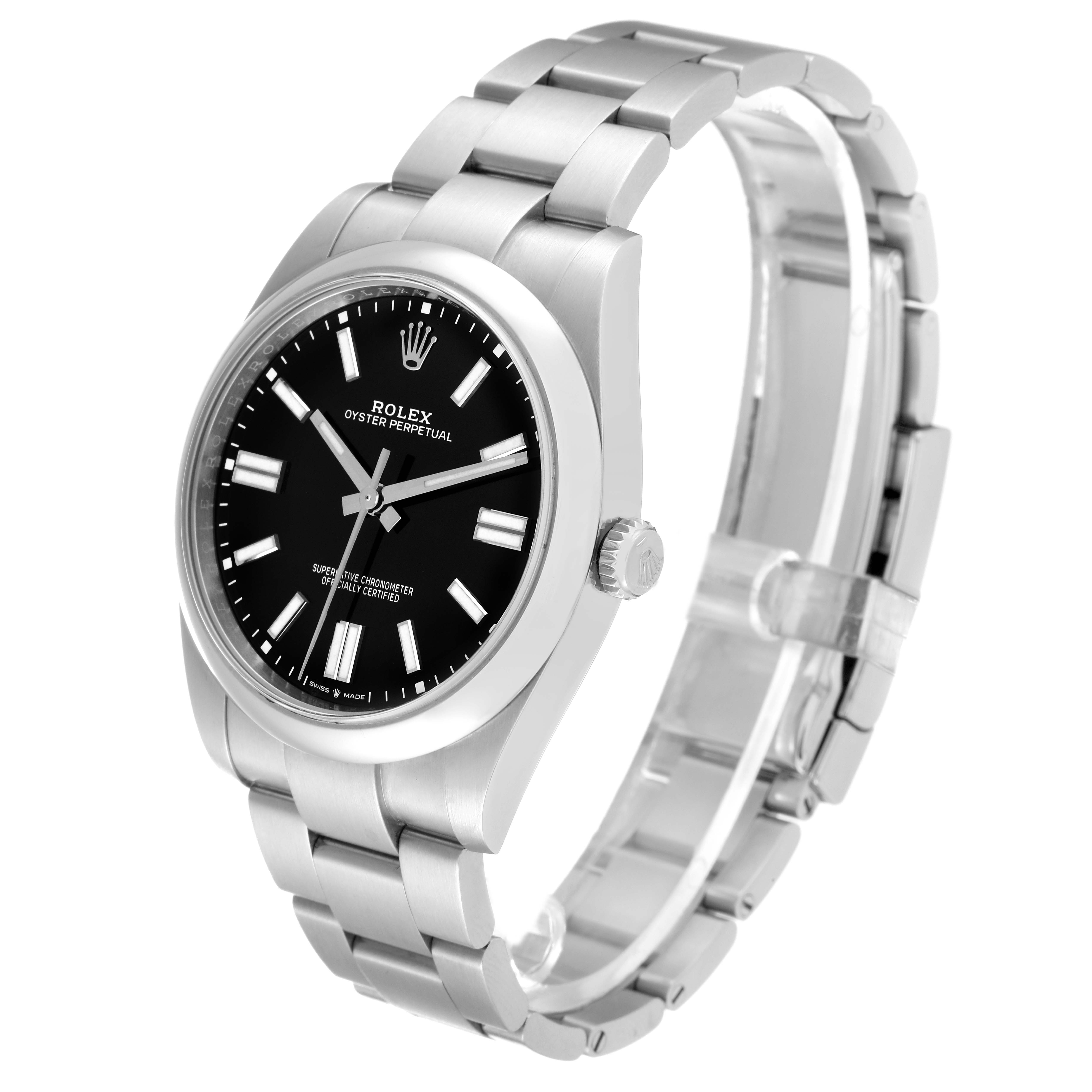 This image shows a side-angle view of the Rolex Oyster Perpetual 124300 Men
s Stainless Steel Black Dial 124300 Men
s Stainless Steel Black Dial watch, highlighting its face, bezel, crown, and bracelet.