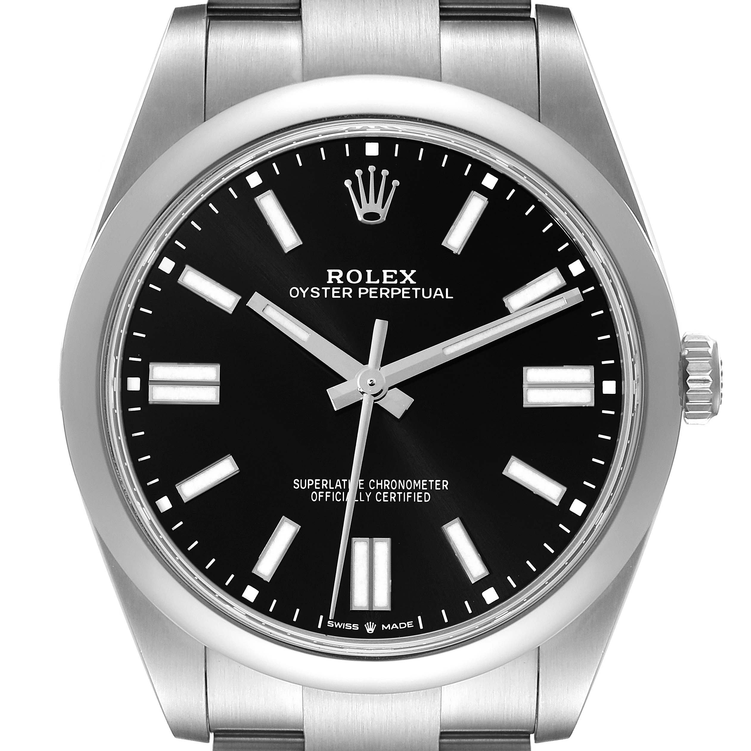 The image shows a front view of the dial and part of the bracelet of a Rolex Oyster Perpetual 124300 Men
s Stainless Steel Black Dial 124300 Men
s Stainless Steel Black Dial watch.