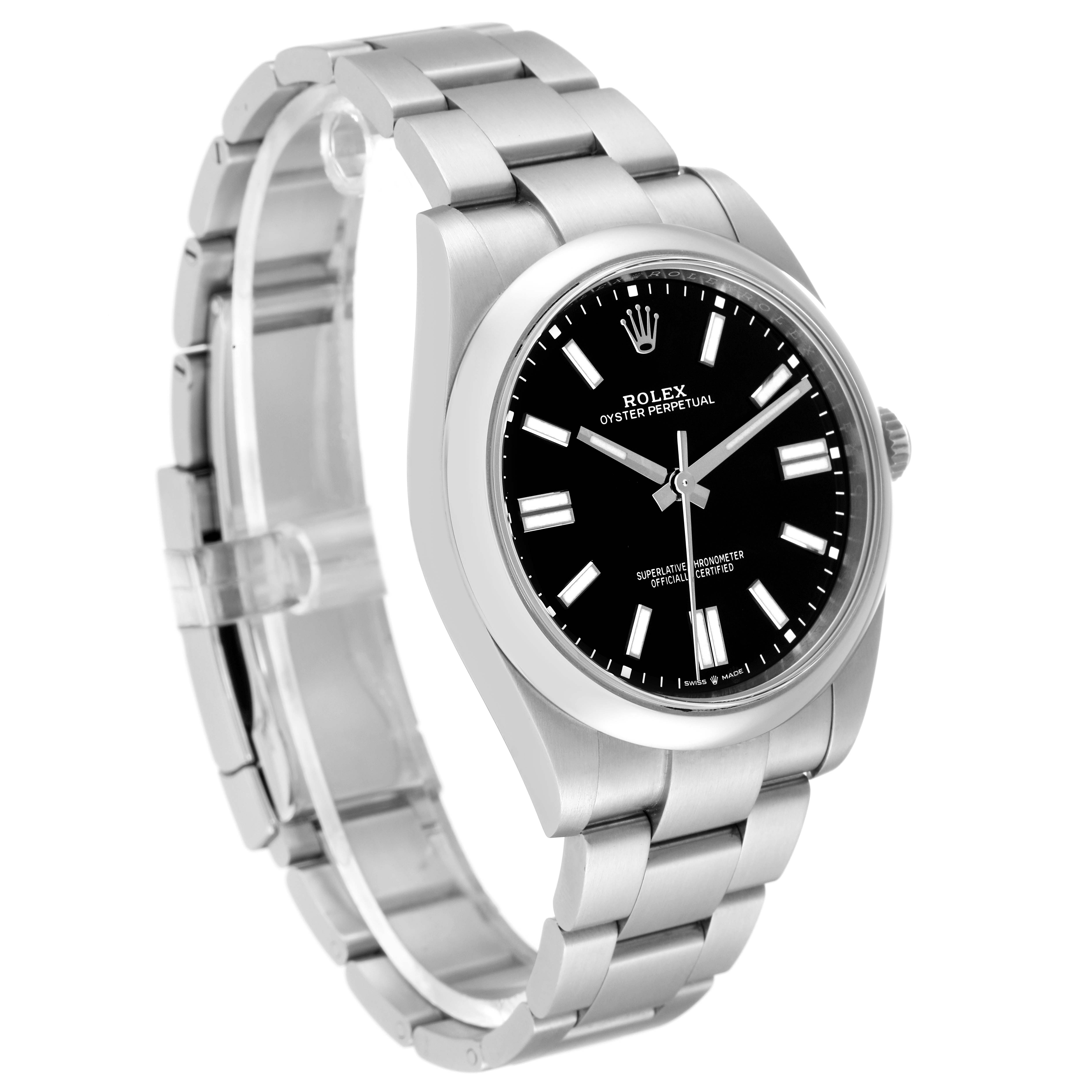 This image displays a Rolex Oyster Perpetual 124300 Men
s Stainless Steel Black Dial 124300 Men
s Stainless Steel Black Dial watch at a front-left angle, featuring its bracelet and black dial.