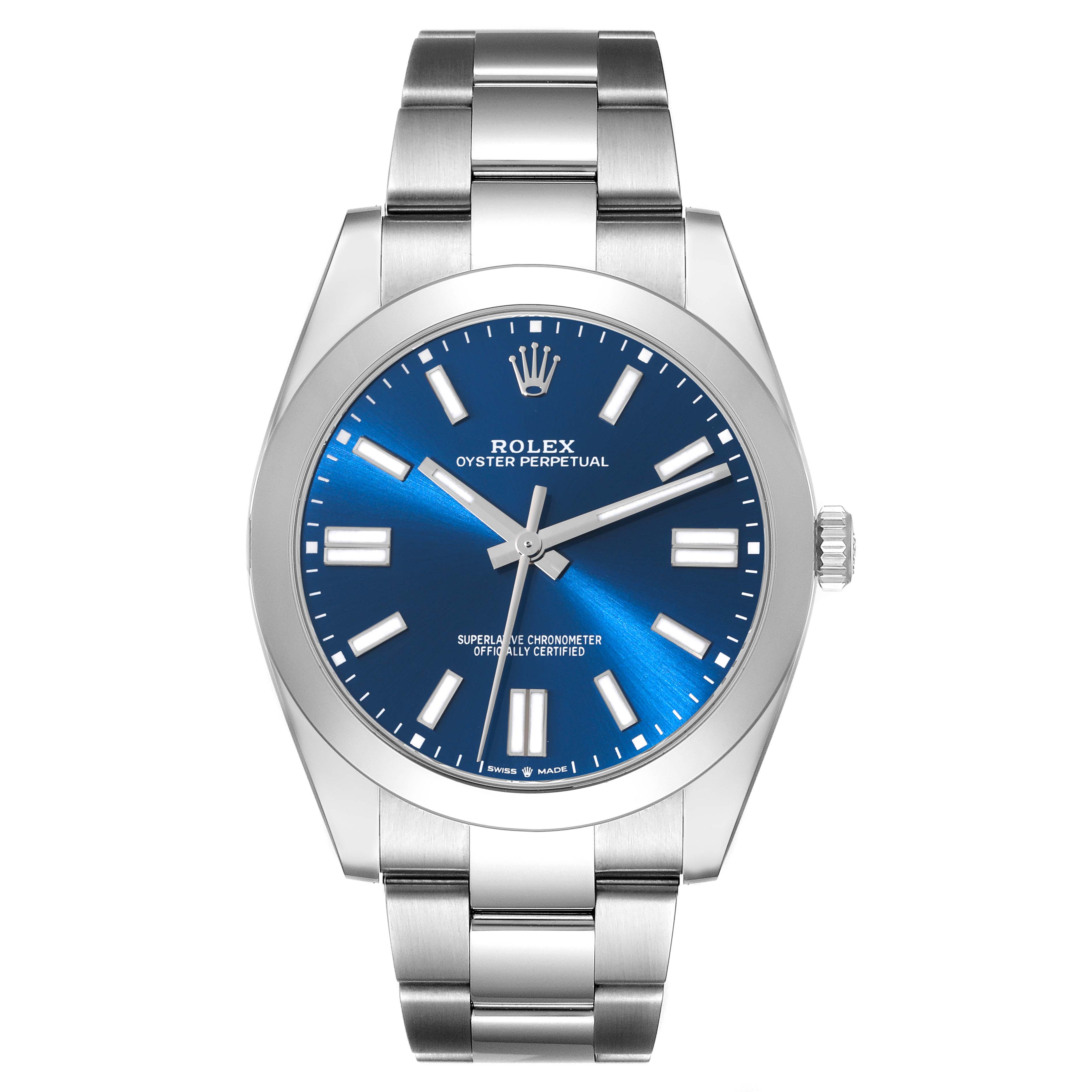 The image shows a front view of a Rolex Oyster Perpetual 124300 Men
s Stainless Steel Blue Dial 124300 Men
s Stainless Steel Blue Dial watch with a blue dial and silver bracelet.