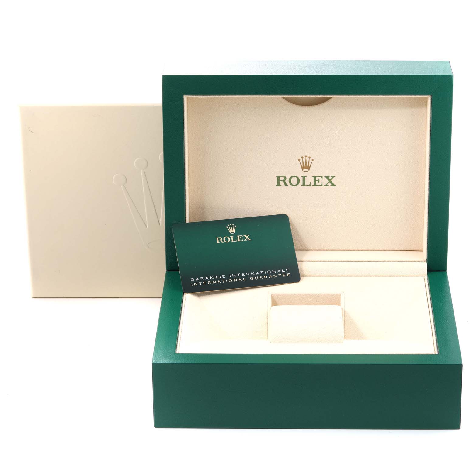 The image shows the opened box and international guarantee card of a Rolex Oyster Perpetual 124300 Men
s Stainless Steel Blue Dial 124300 Men
s Stainless Steel Blue Dial watch.