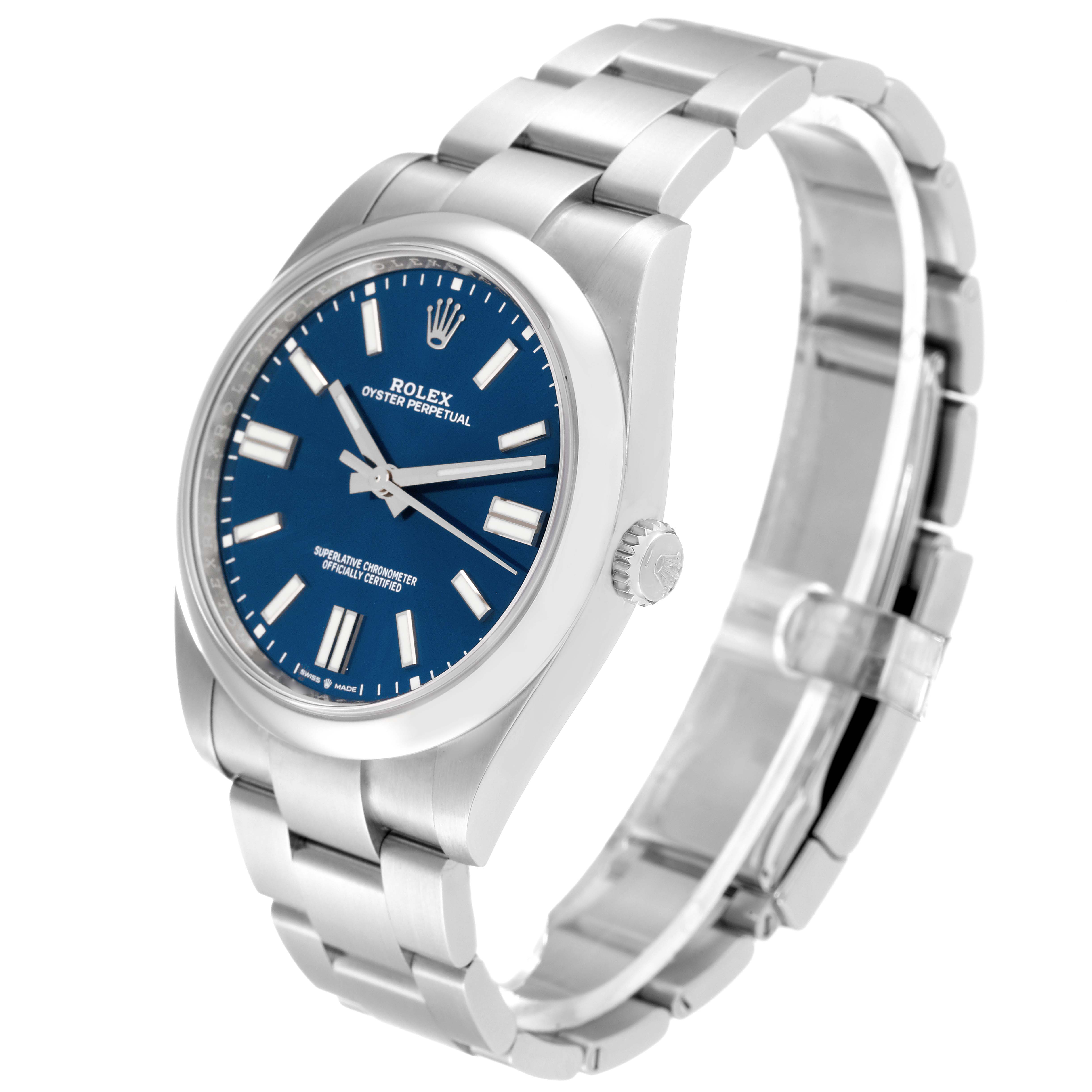 The Rolex Oyster Perpetual 124300 Men
s Stainless Steel Blue Dial 124300 Men
s Stainless Steel Blue Dial watch is shown at a three-quarter angle, highlighting its blue dial, stainless steel case, and bracelet.