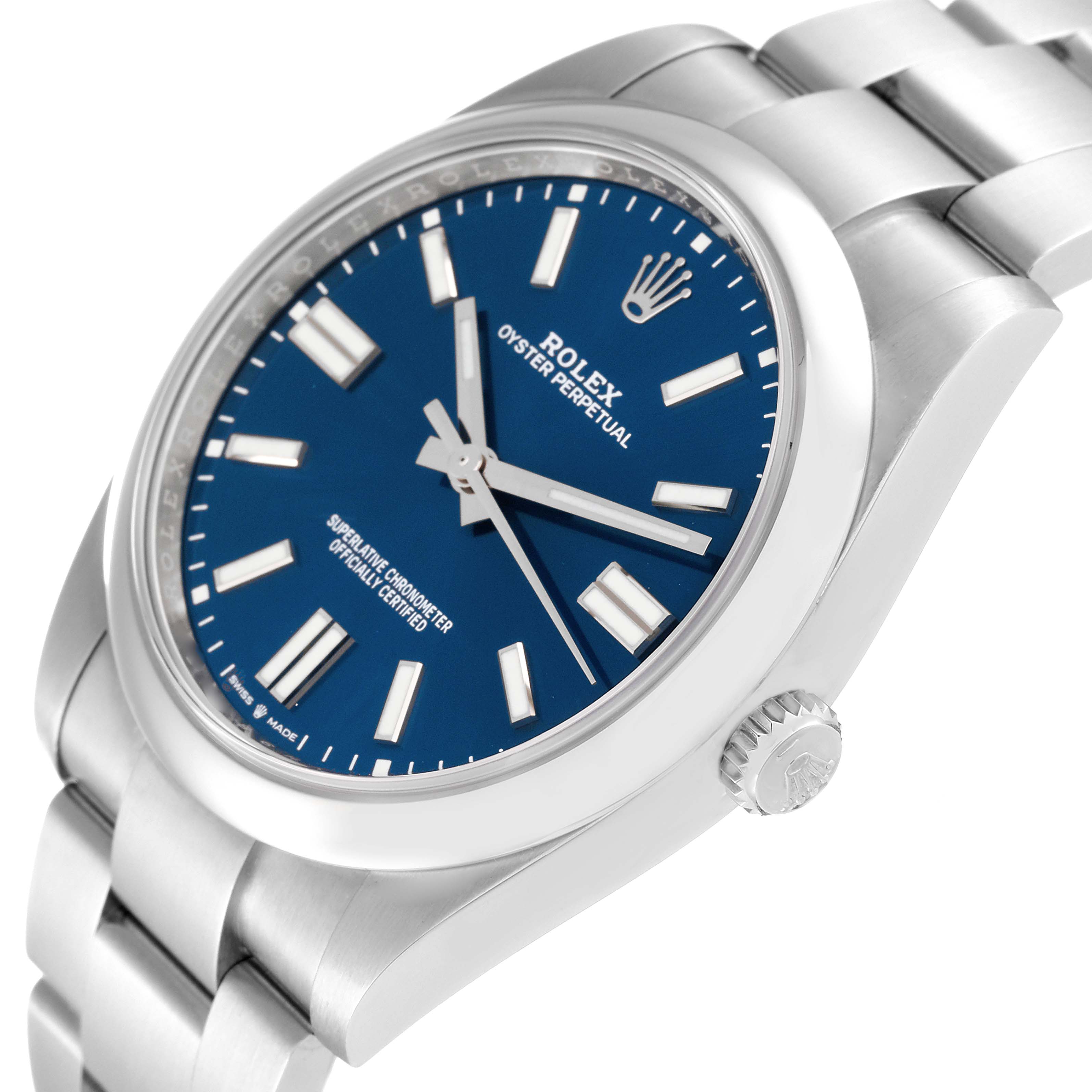 The image shows a close-up view of the Rolex Oyster Perpetual 124300 Men
s Stainless Steel Blue Dial 124300 Men
s Stainless Steel Blue Dial watch, highlighting the blue dial, hands, hour markers, crown, and bracelet.