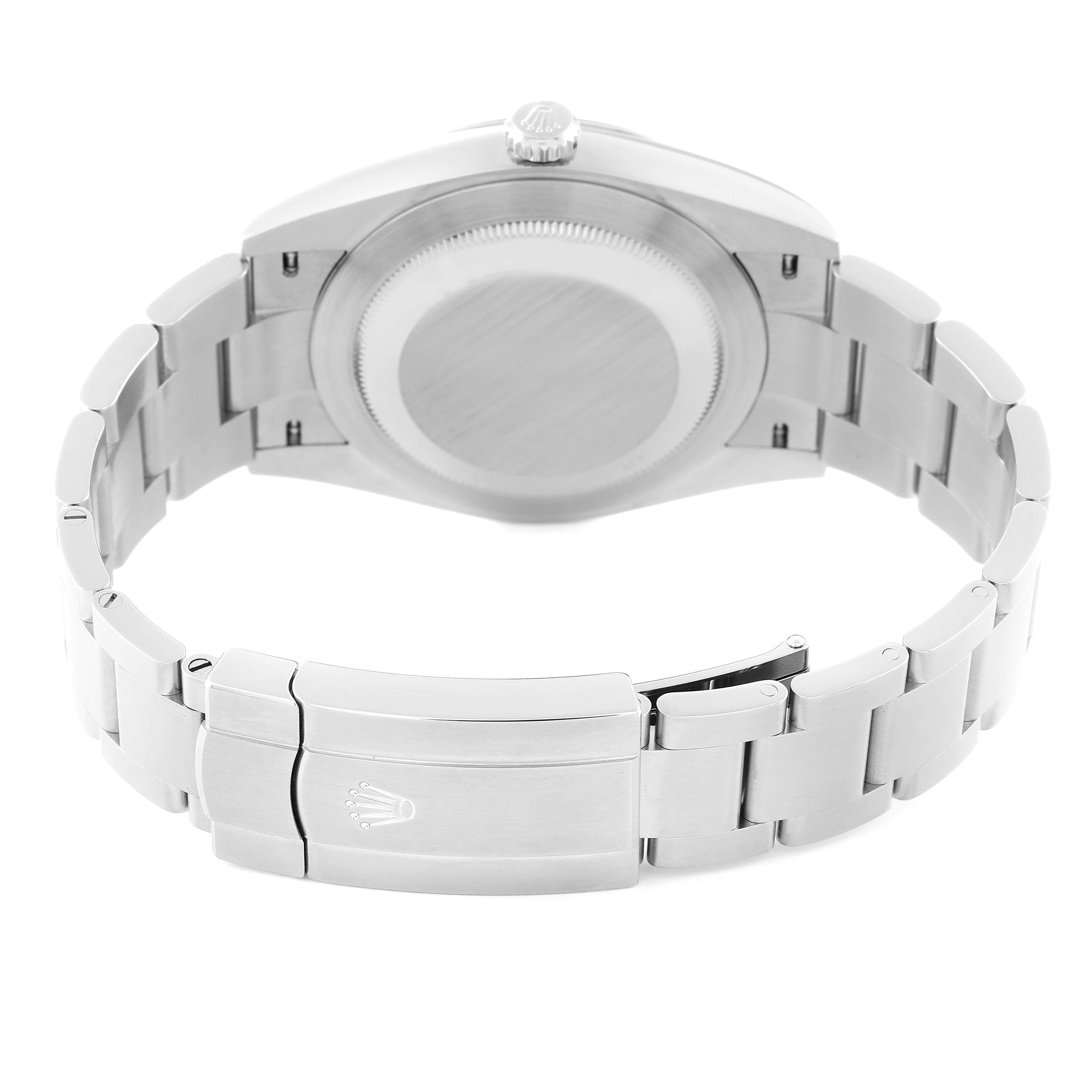 This image shows the back view of a Rolex Oyster Perpetual 124300 Men
s Stainless Steel Blue Dial 124300 Men
s Stainless Steel Blue Dial watch, featuring its stainless steel bracelet and clasp.