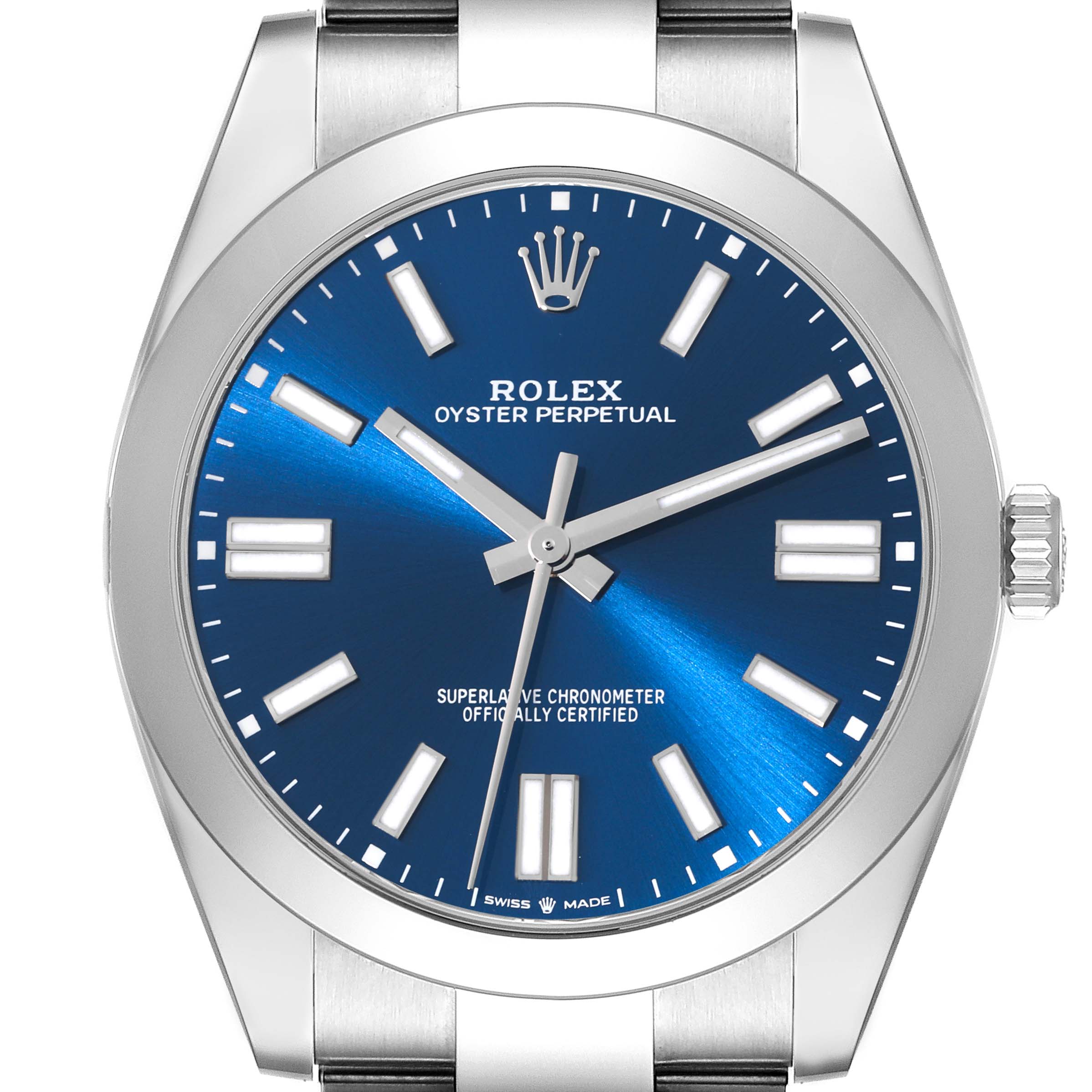 This image shows a front view of the Rolex Oyster Perpetual 124300 Men
s Stainless Steel Blue Dial 124300 Men
s Stainless Steel Blue Dial watch, highlighting its blue dial, silver markers, and crown.