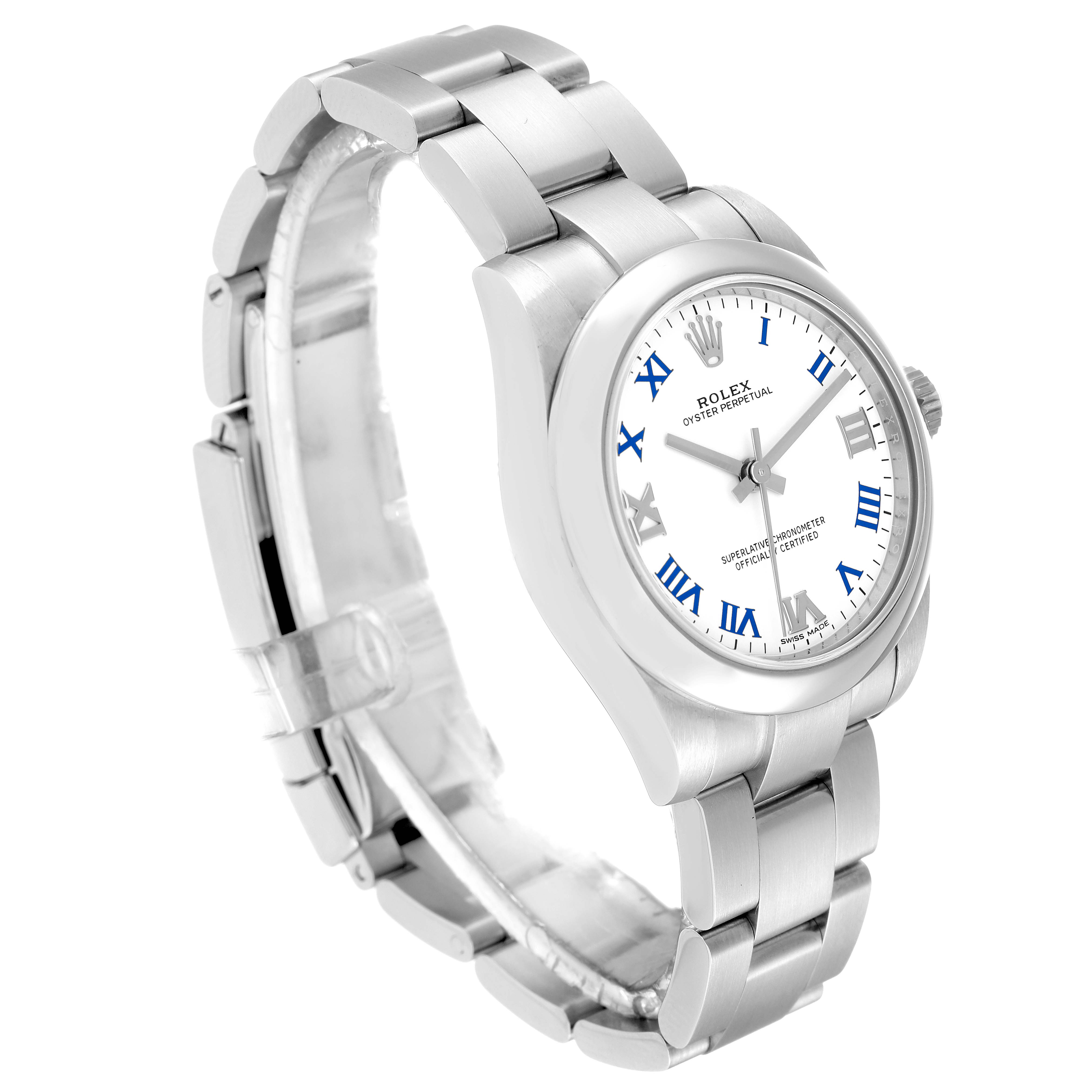 The image shows a mid-size Rolex watch from a slight side angle, highlighting the bracelet, dial, and crown.