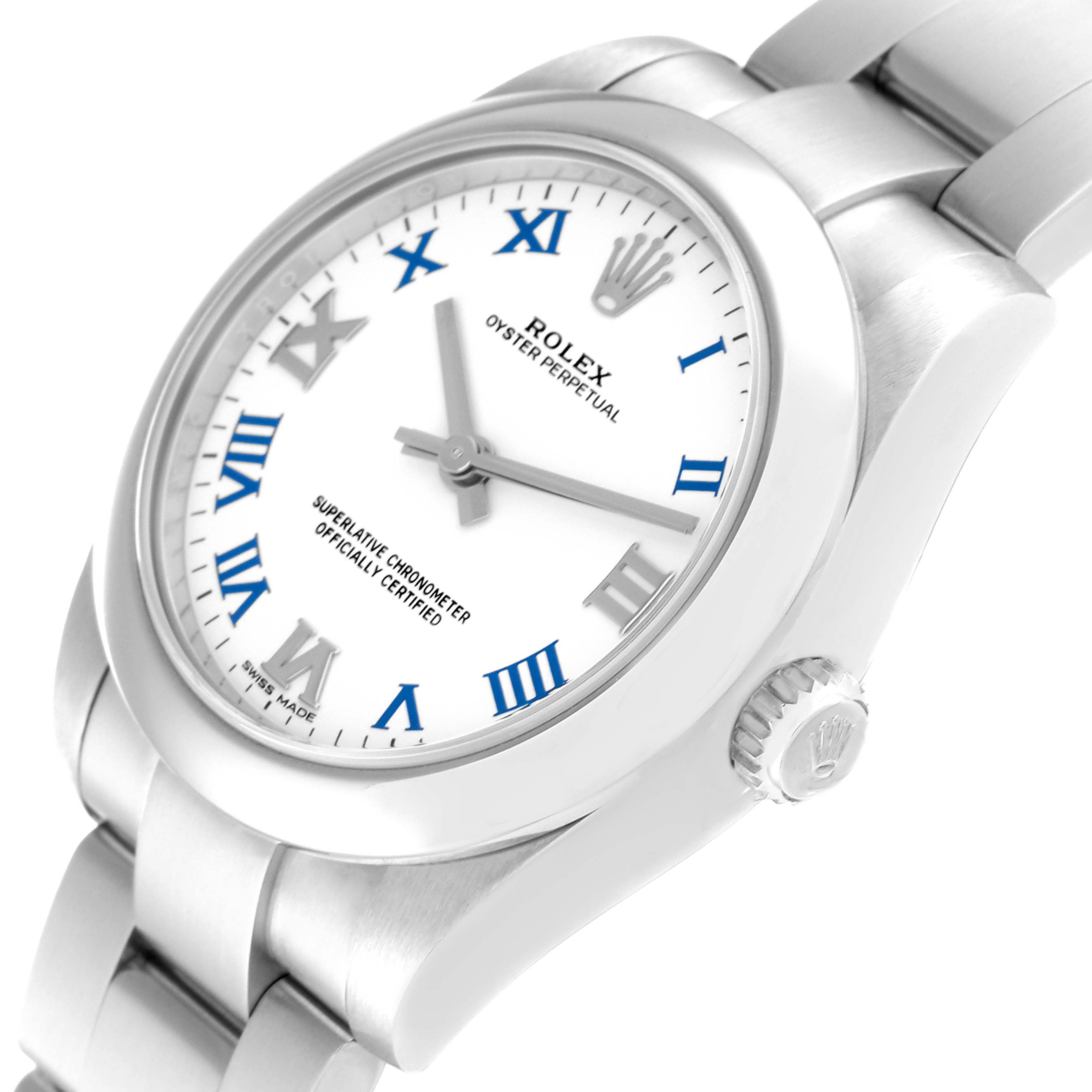 The image shows a Rolex Mid-Size 177200 Women's Stainless Steel White Dial 177200 Women's Stainless Steel White Dial Oyster Perpetual watch at an angled front view, highlighting its dial, case, and part of the bracelet.