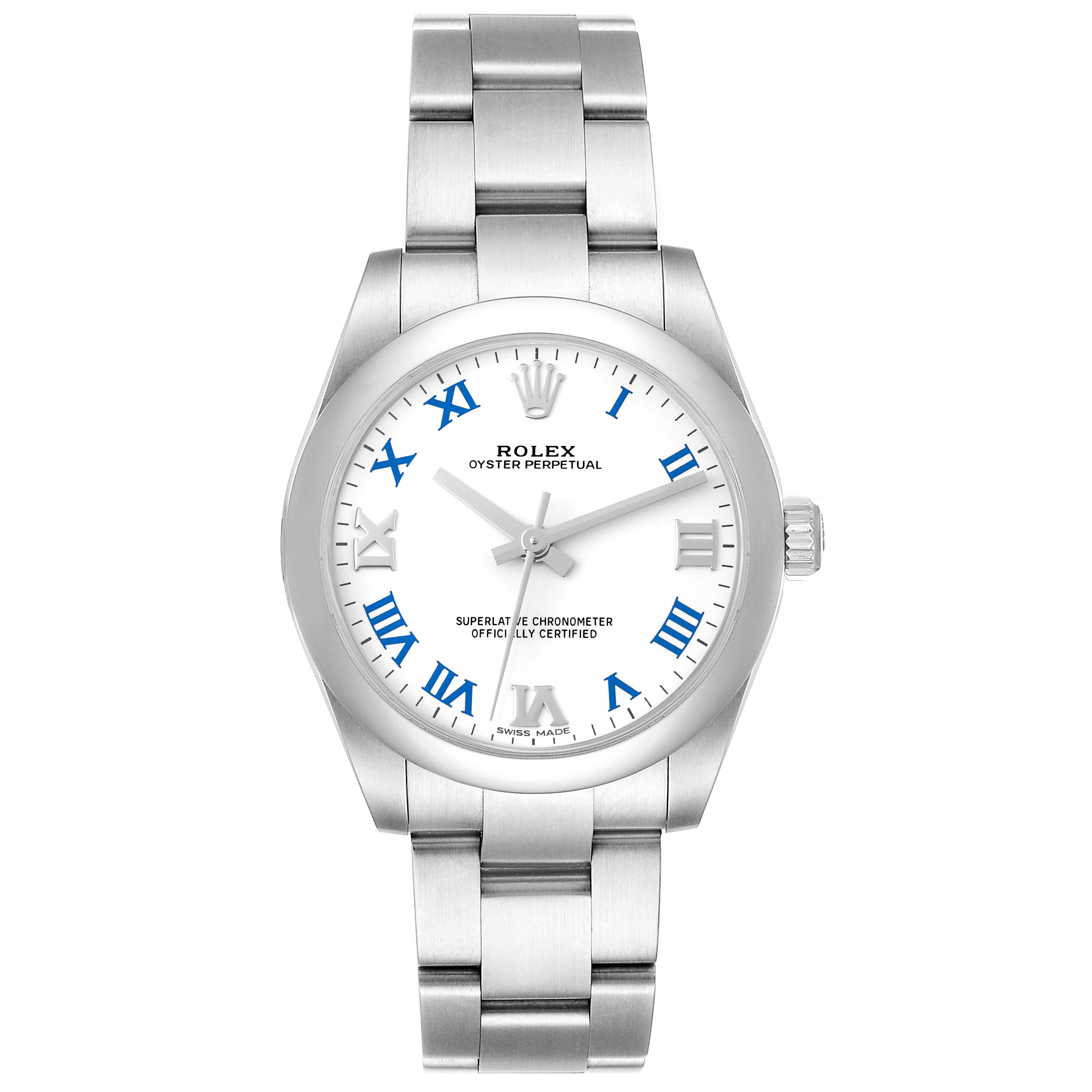 The image shows a front view of a Rolex Mid-Size 177200 Women's Stainless Steel White Dial 177200 Women's Stainless Steel White Dial Oyster Perpetual watch with a silver bracelet and blue Roman numerals on a white dial.