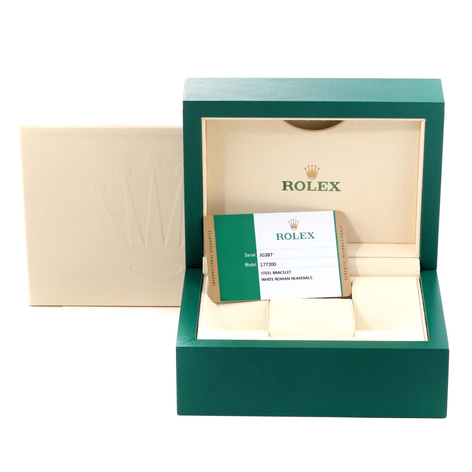 The image shows an open Rolex Mid-Size 177200 Women's Stainless Steel White Dial 177200 Women's Stainless Steel White Dial watch box with the card showing the model and serial number inside.