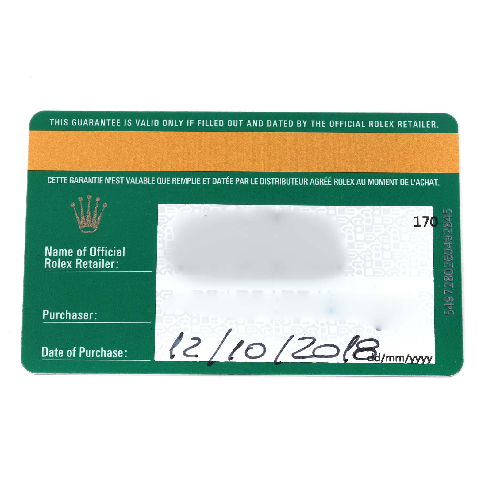 The image shows a warranty card for a Mid-Size Rolex watch.