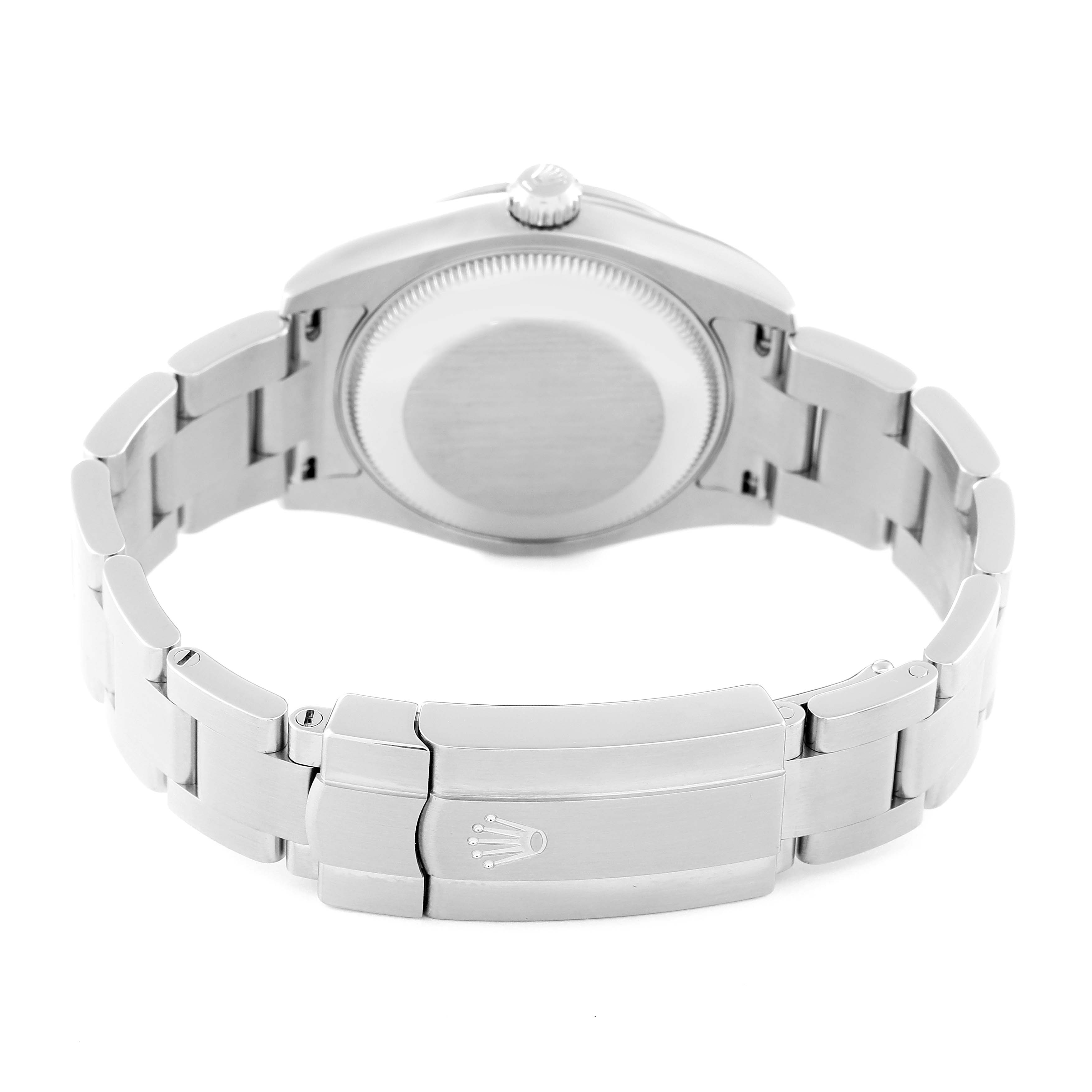 This image shows the backside of the Rolex Mid-Size 177200 Women's Stainless Steel White Dial 177200 Women's Stainless Steel White Dial watch, displaying the case back and part of the bracelet with the clasp.