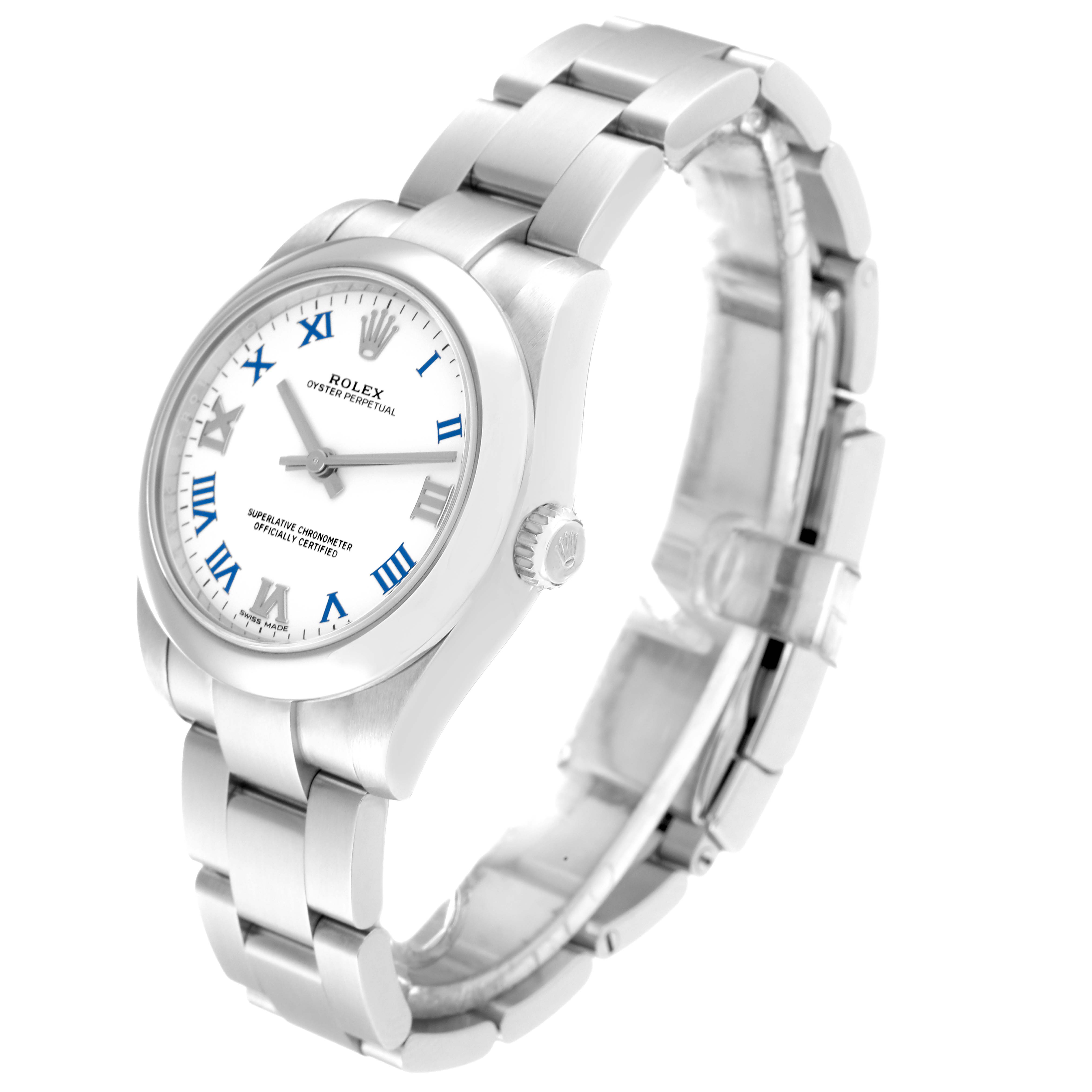 The image shows the front and right side of a Rolex Mid-Size 177200 Women's Stainless Steel White Dial 177200 Women's Stainless Steel White Dial watch, highlighting the face, crown, and part of the bracelet.