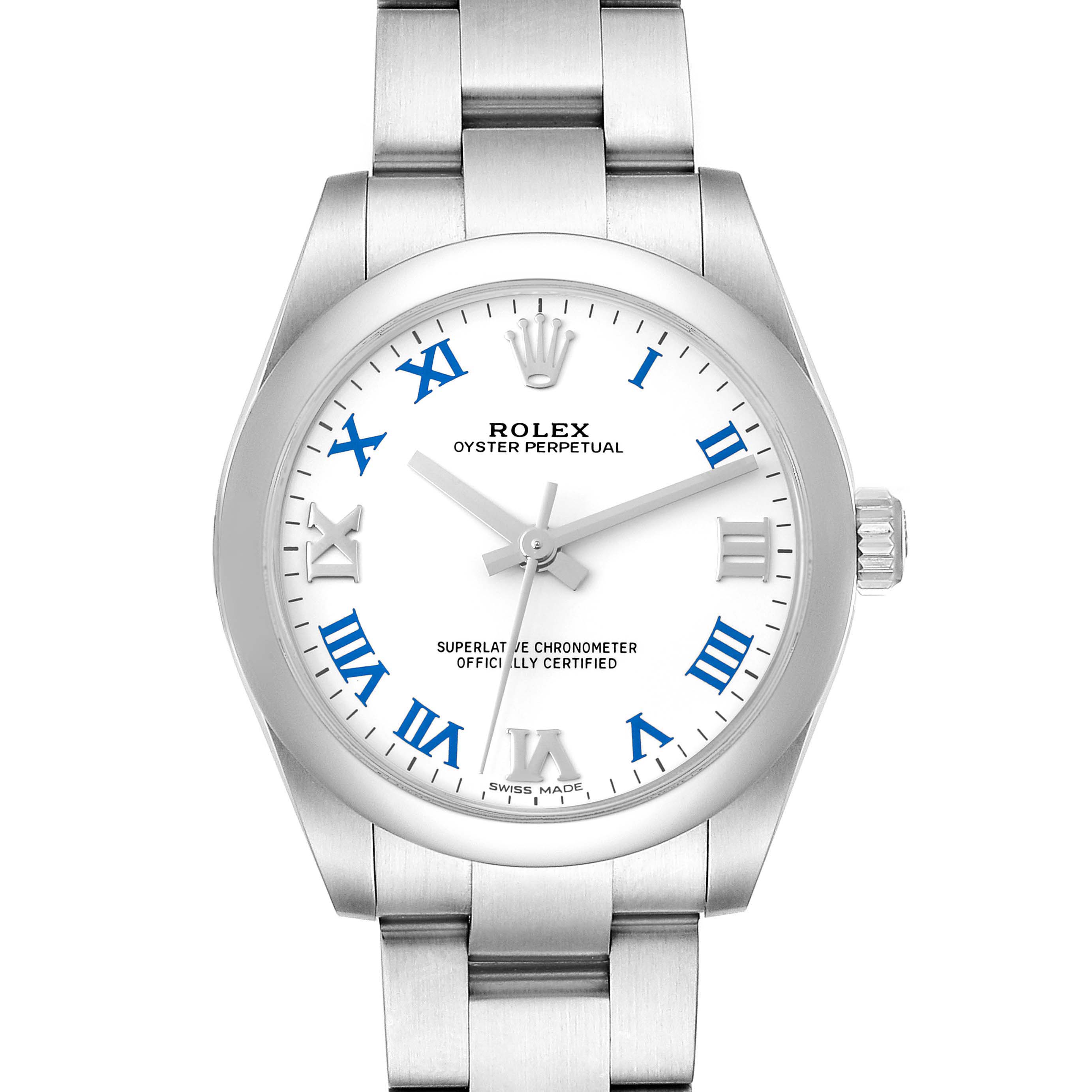 The image shows a front view of the Rolex Mid-Size 177200 Women's Stainless Steel White Dial 177200 Women's Stainless Steel White Dial Oyster Perpetual watch, highlighting its dial, bezel, and bracelet.