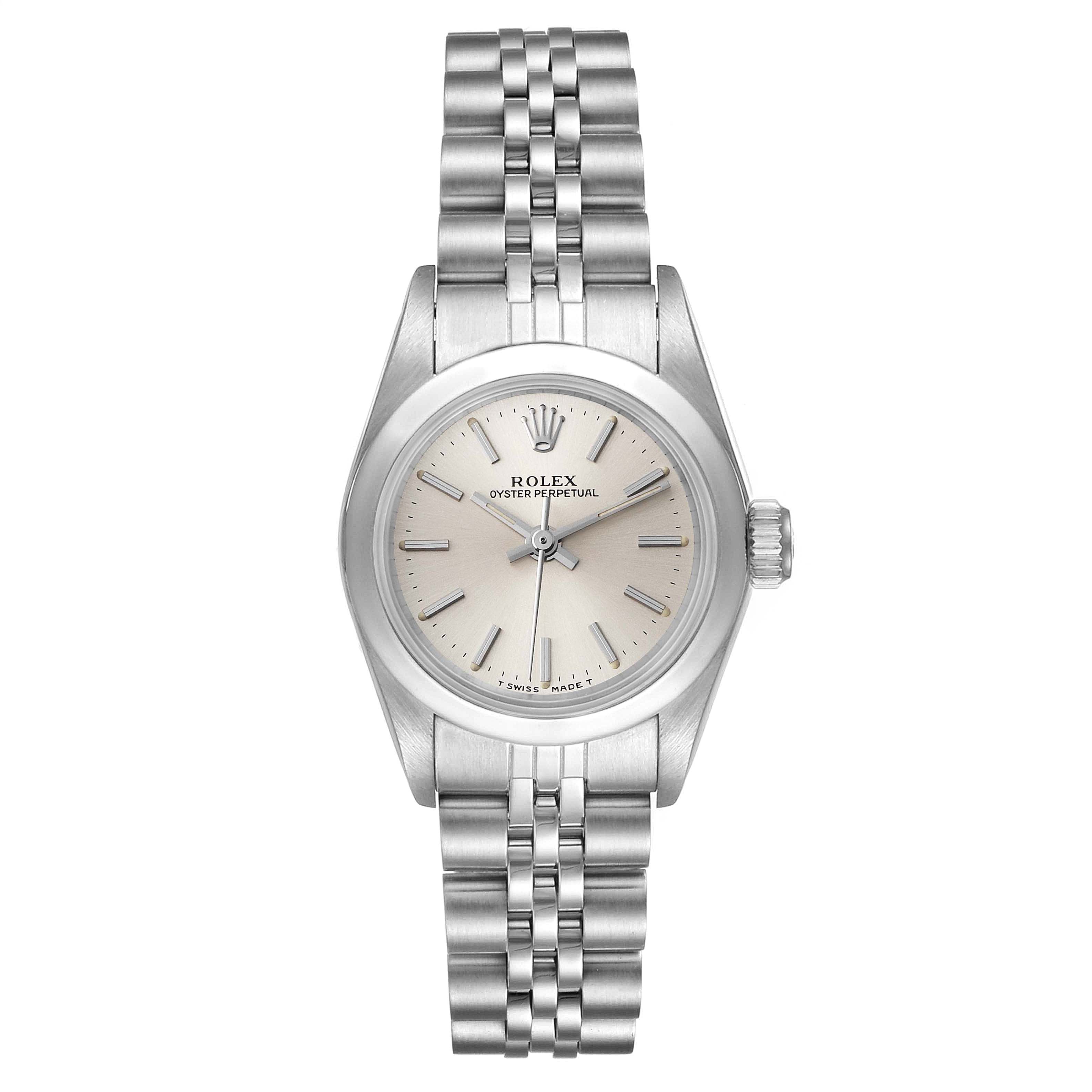 This image shows a front view of a Rolex Oyster Perpetual 67180 Women's Stainless Steel Silver Dial 67180 Women's Stainless Steel Silver Dial watch, highlighting the dial, bezel, bracelet, and crown.