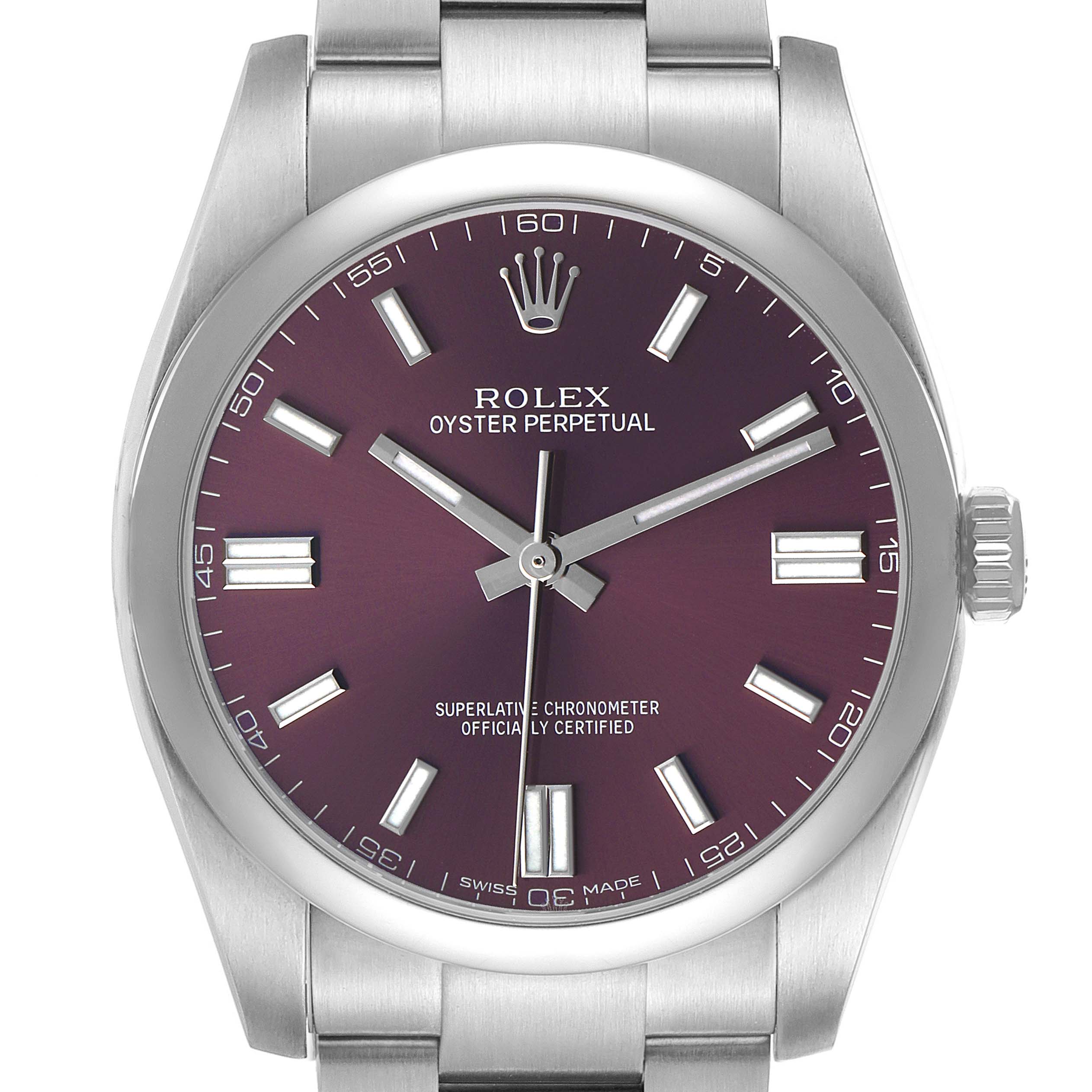 The Rolex Oyster Perpetual 116000 Men's Stainless Steel Purple Dial watch is shown from the front, displaying its dial, hour markers, and part of the bracelet.