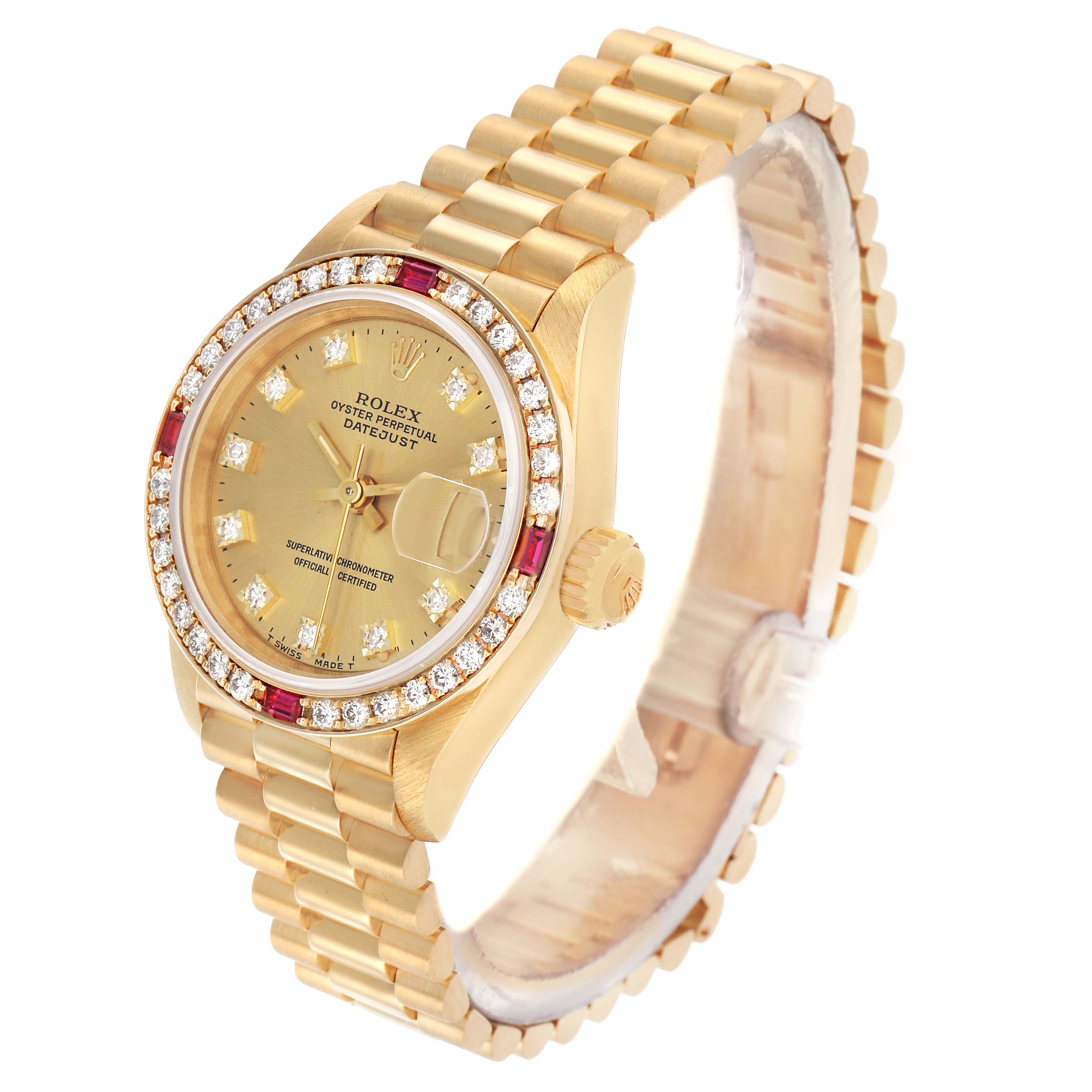 The Rolex President 69068 Women
s Yellow Gold Champagne Dial model is shown at a three-quarter angle, highlighting the dial, bezel, crown, and bracelet.