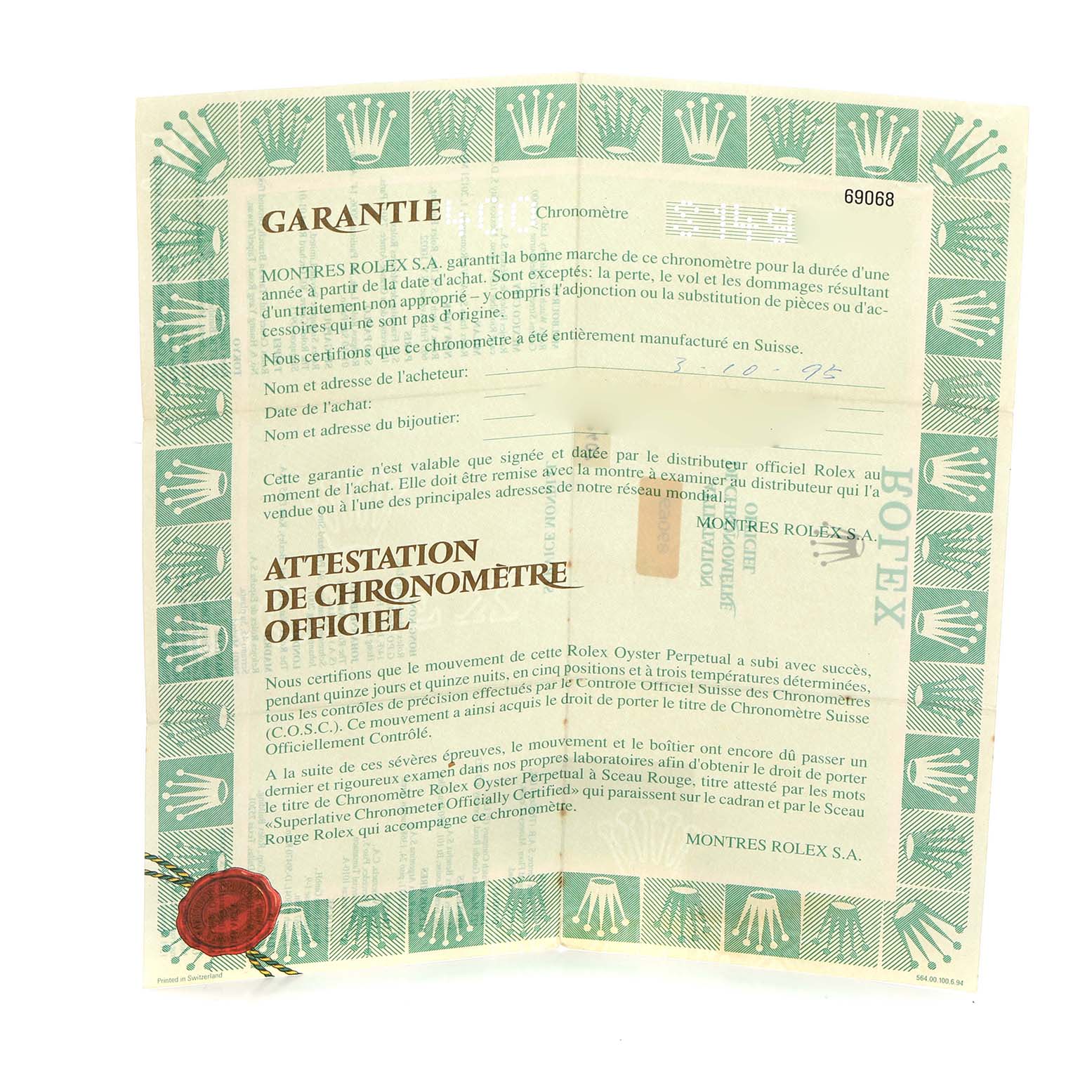 The image shows a folded certificate and guarantee for the Rolex President 69068 Women
s Yellow Gold Champagne Dial model.