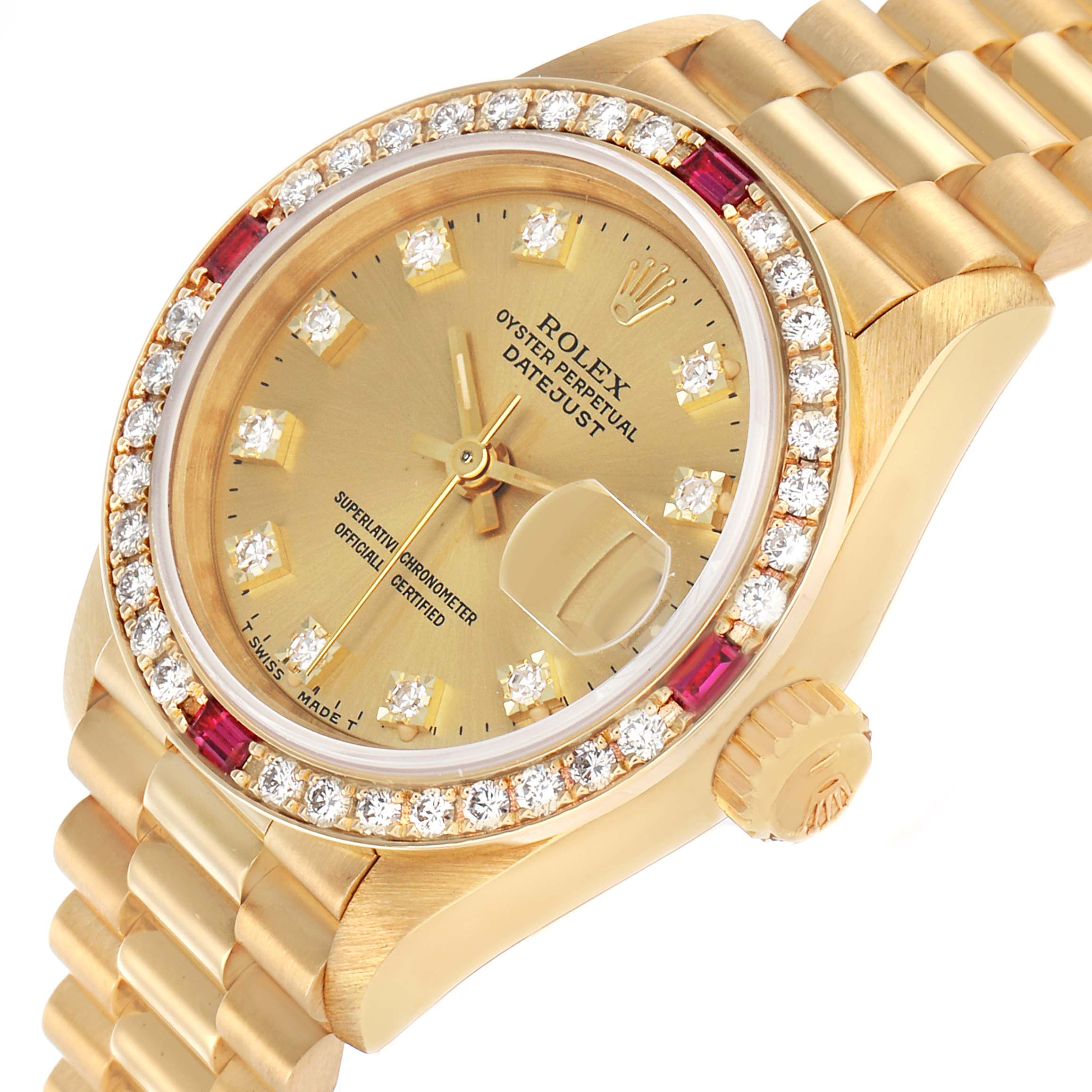 The Rolex President 69068 Women
s Yellow Gold Champagne Dial model is shown at a three-quarter angle, highlighting its gold bracelet, diamond bezel, and champagne dial.