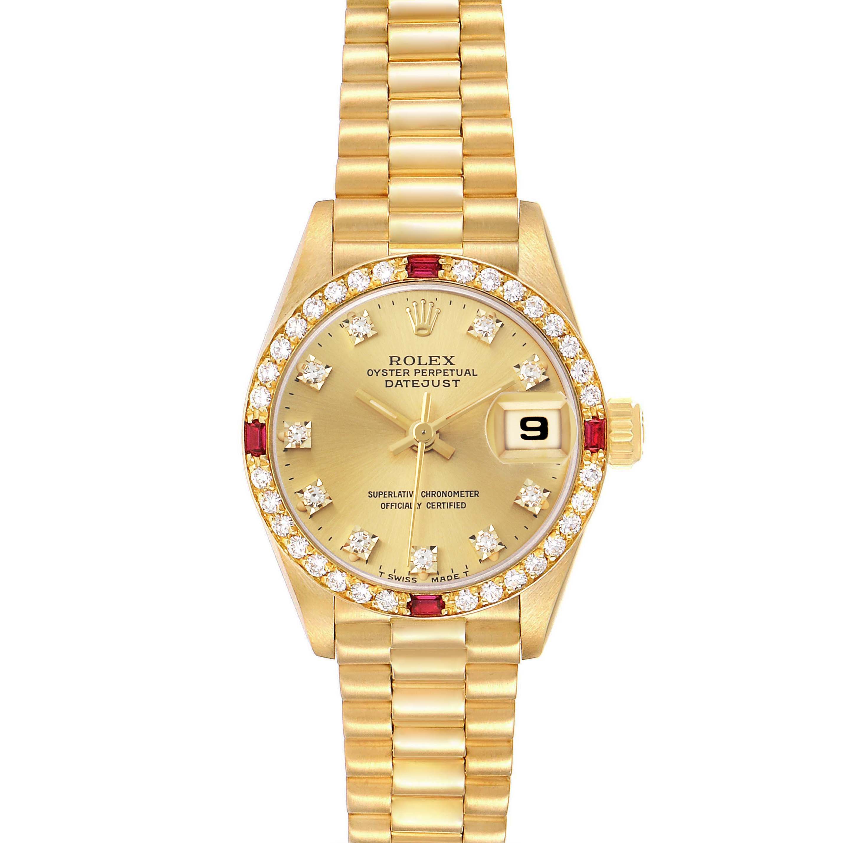 The Rolex President 69068 Women
s Yellow Gold Champagne Dial watch model is shown from the front, displaying the gold dial, diamond markers, bezel, and bracelet.