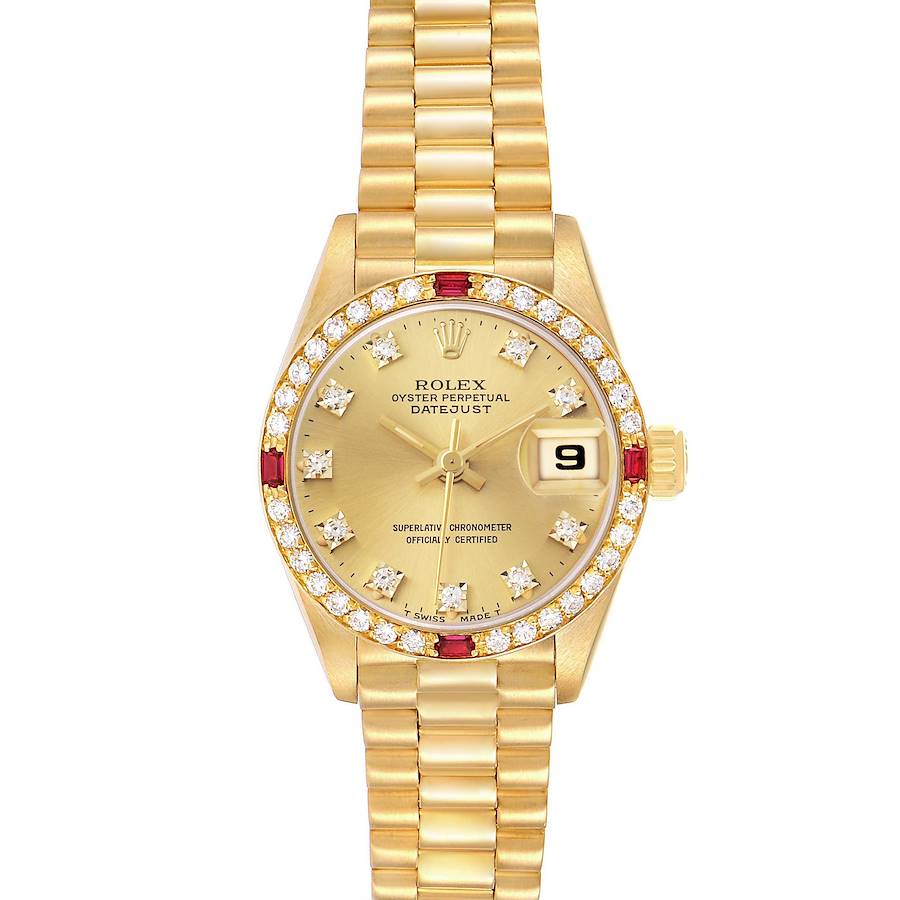 The Rolex President 69068 Women's Yellow Gold Champagne Dial watch model is shown from the front, displaying the gold dial, diamond markers, bezel, and bracelet.