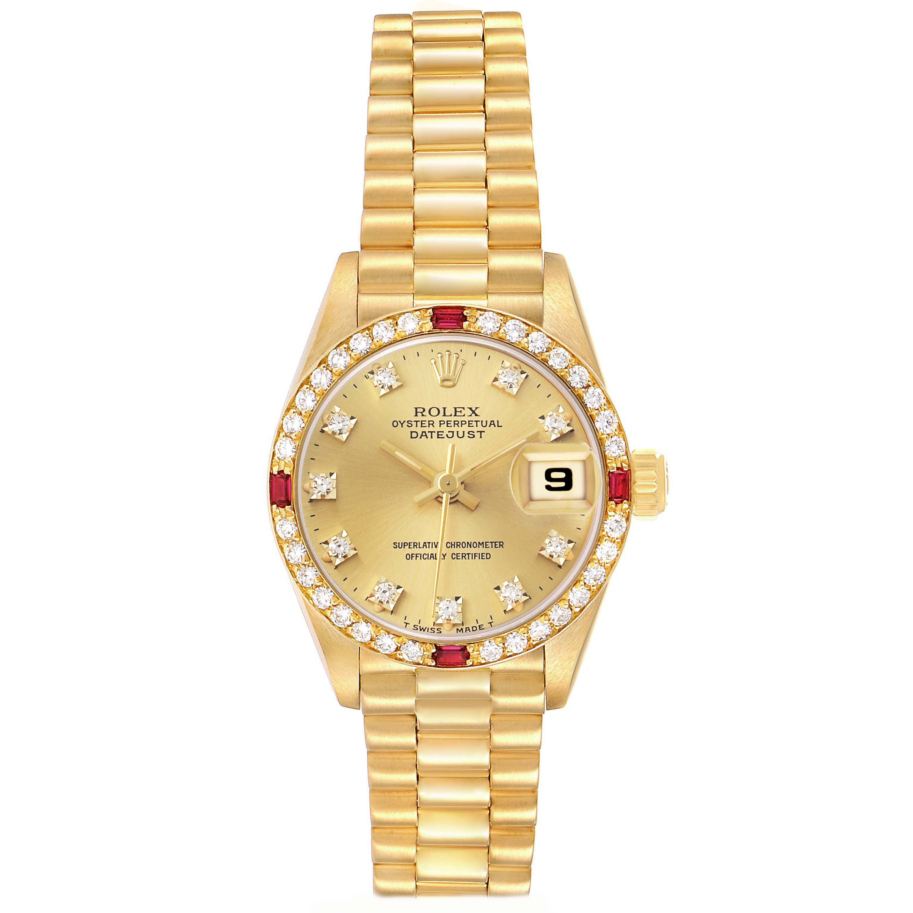 The Rolex President 69068 Women
s Yellow Gold Champagne Dial model is shown from a top-down angle, featuring the dial, bezel, and bracelet.