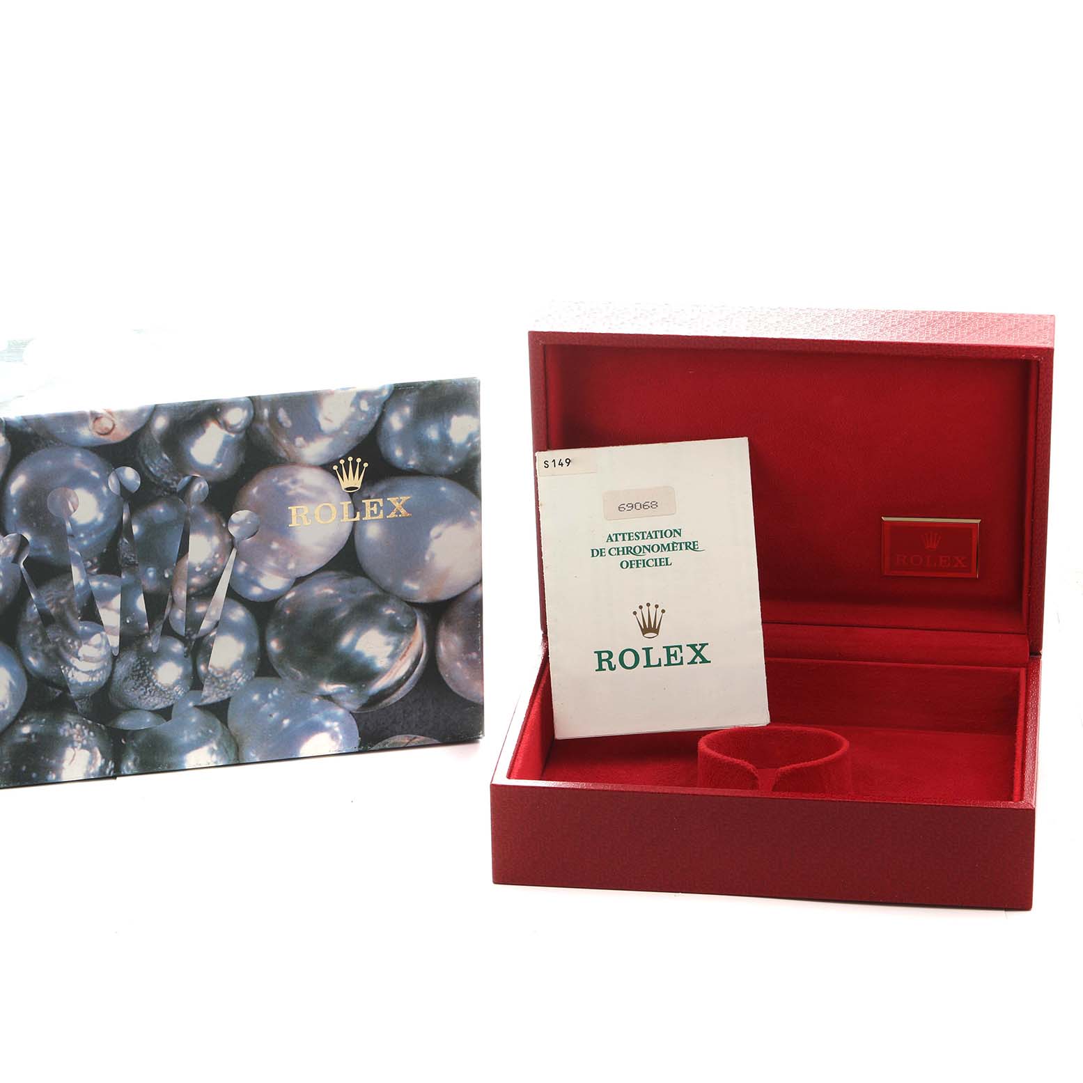 The image shows a Rolex President 69068 Women
s Yellow Gold Champagne Dial model box, brochure, and certificate, with the box open and positioned upright.