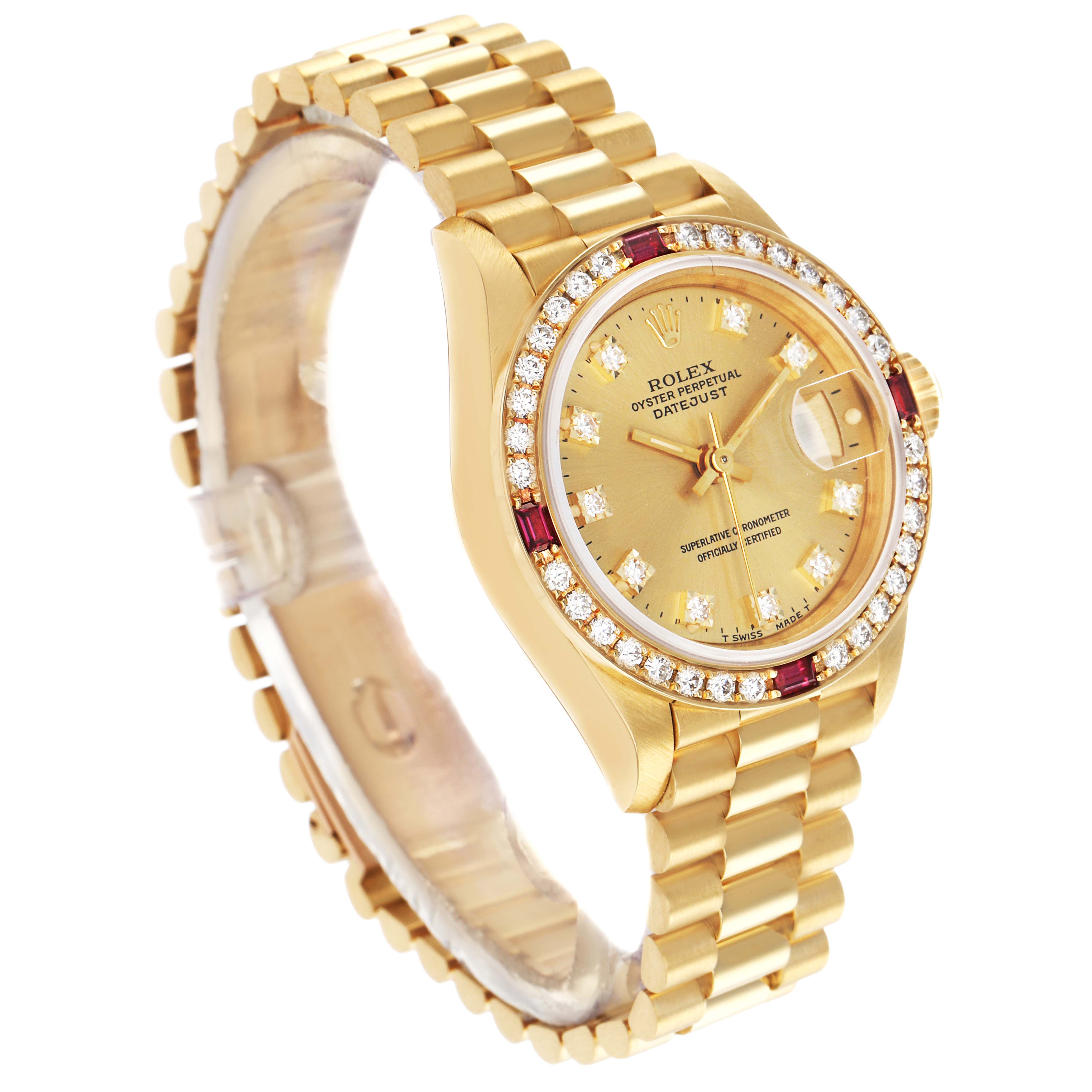 The Rolex President 69068 Women
s Yellow Gold Champagne Dial watch is shown at a three-quarter angle, displaying the face, bezel, crown, and part of the bracelet.