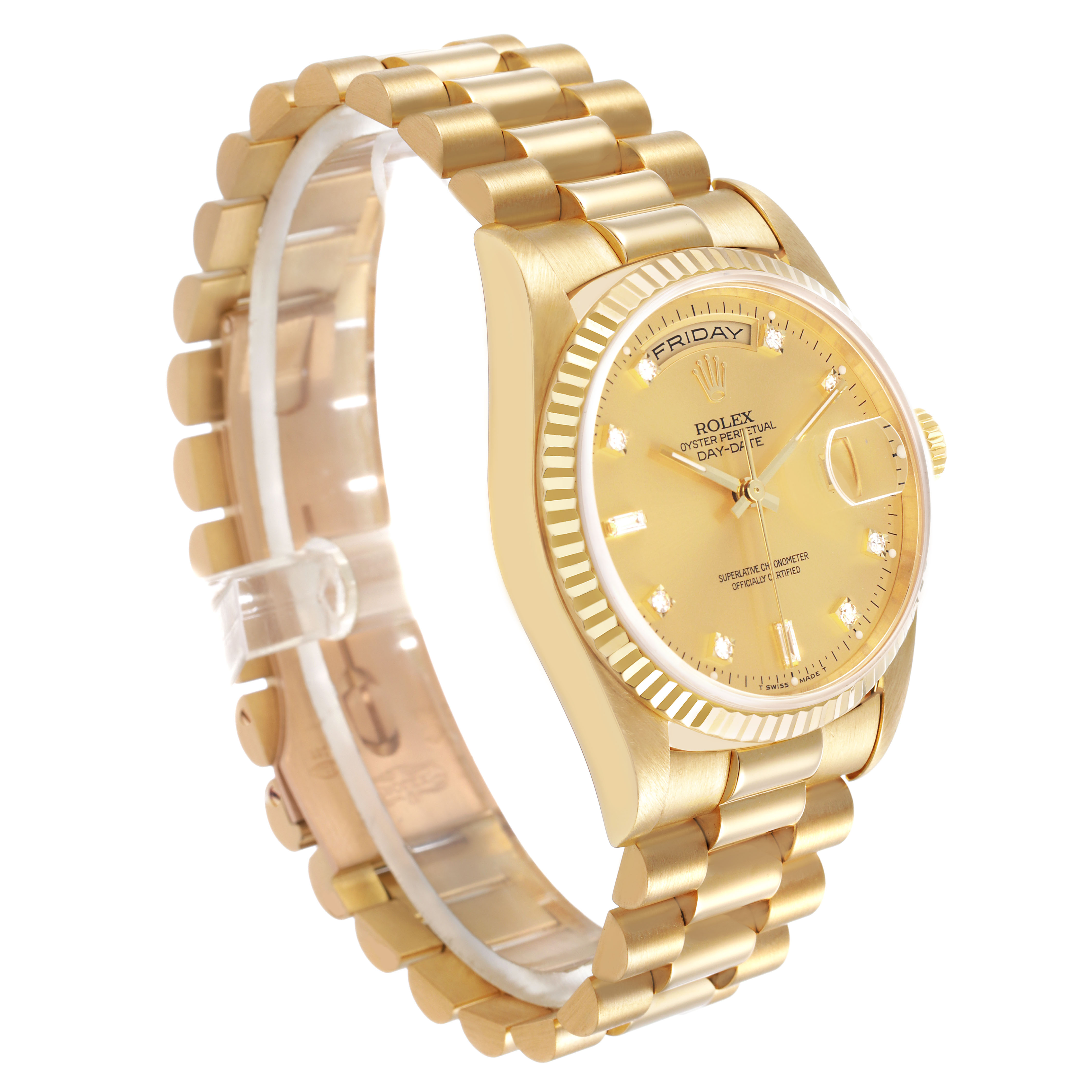 The Rolex President 18238 Men's Yellow Gold Champagne Dial watch is shown at a three-quarter angle, highlighting the dial, bracelet, and crown.