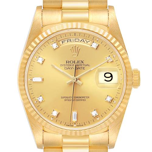 The Rolex President 18238 Men's Yellow Gold Champagne Dial model watch is shown from the front, displaying its gold dial, diamond hour markers, day and date windows, and fluted bezel.
