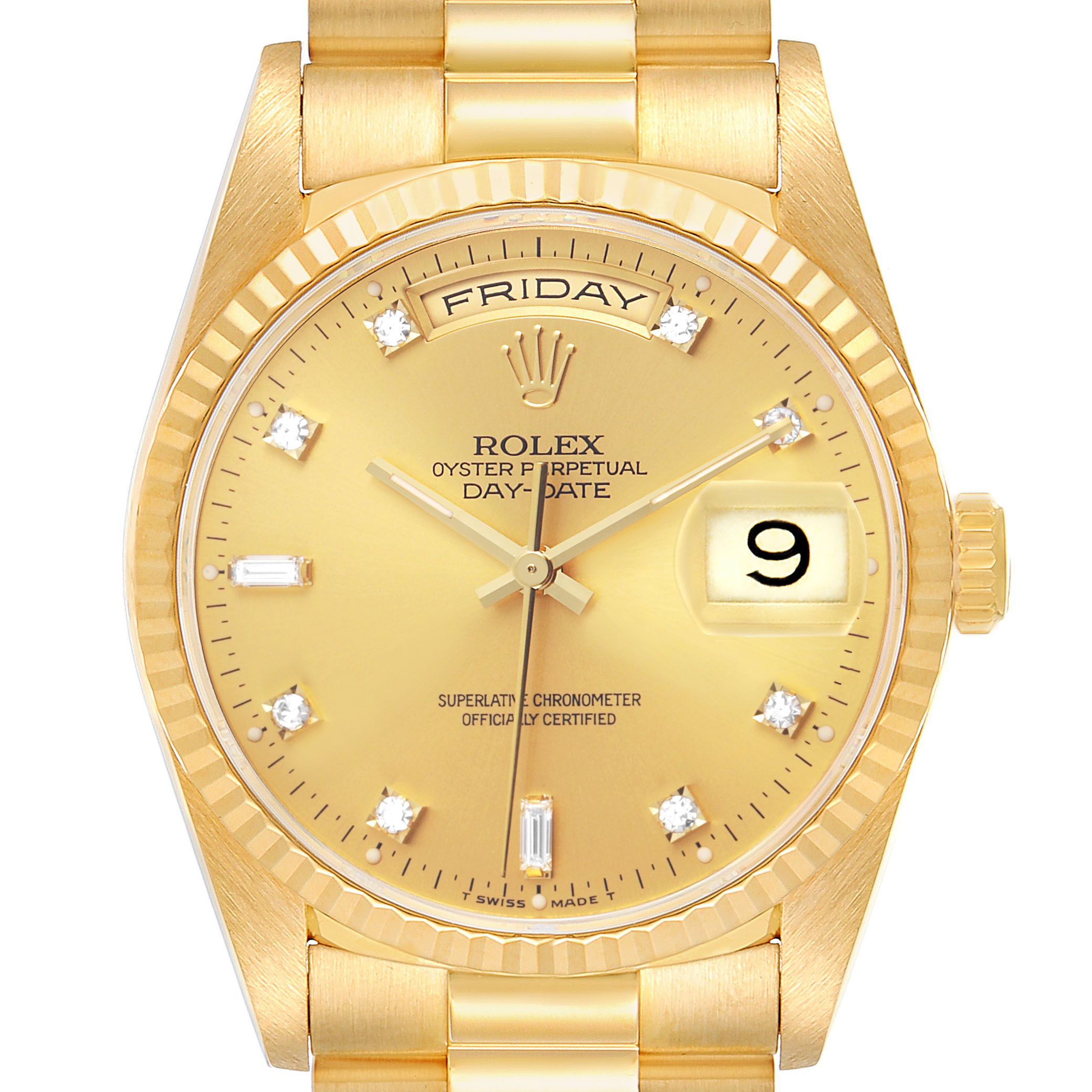 The image shows a front view of the Rolex President 18238 Men's Yellow Gold Champagne Dial model, highlighting the dial, bezel, crown, and part of the bracelet.