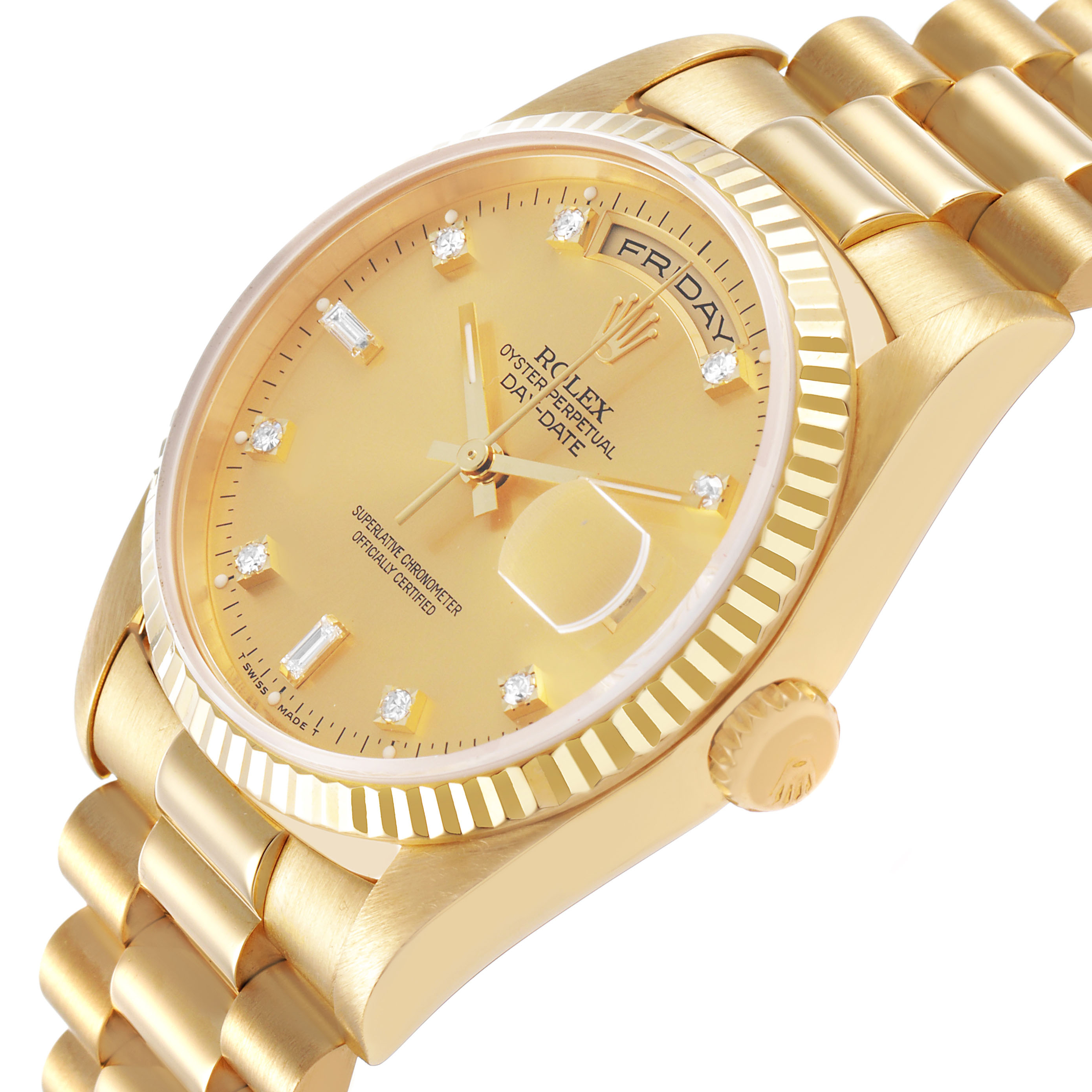 The Rolex President 18238 Men's Yellow Gold Champagne Dial model is shown at a three-quarter angle, highlighting the dial, bezel, crown, and bracelet.
