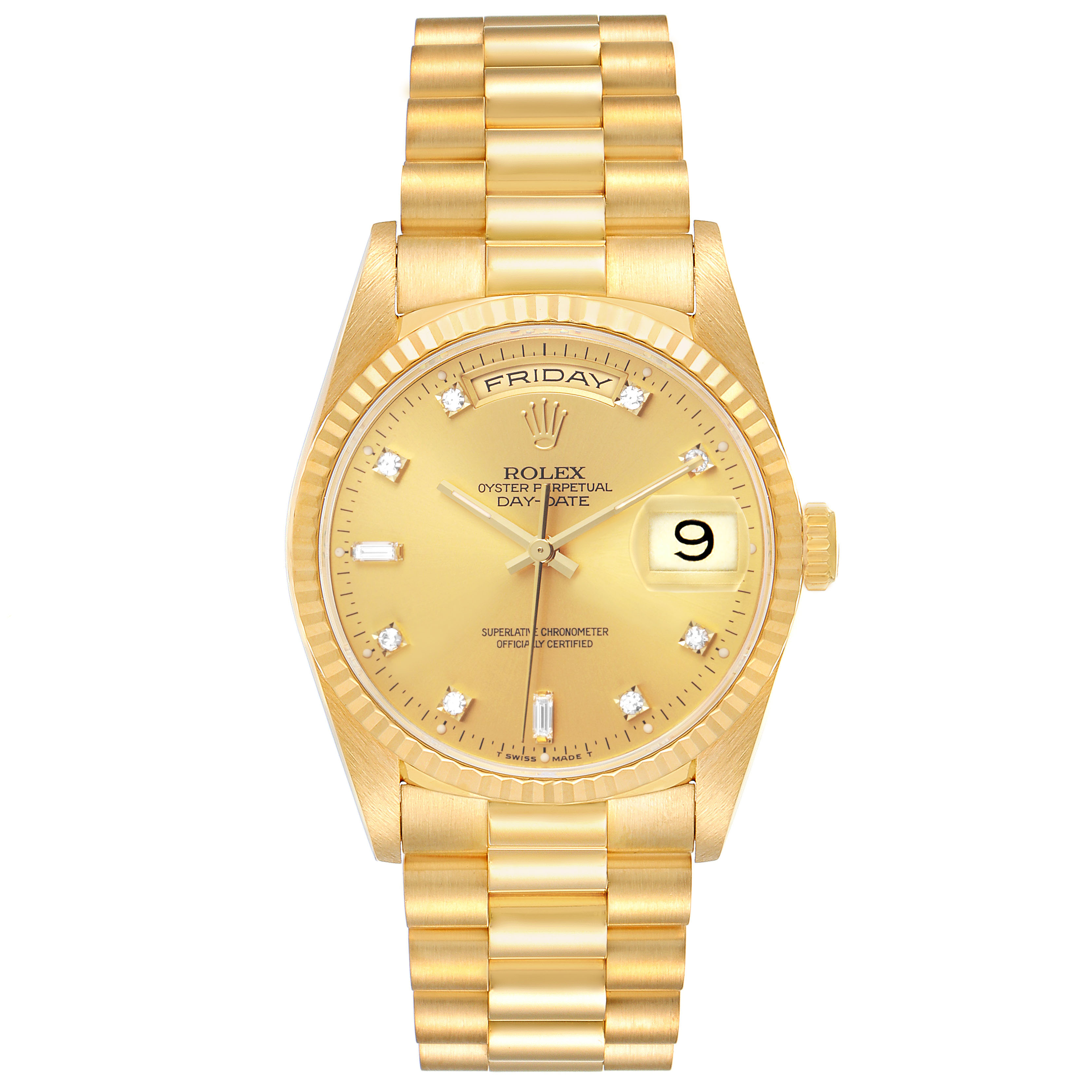 The Rolex President 18238 Men's Yellow Gold Champagne Dial model is shown from a front angle, displaying the dial, bracelet, and day-date features.