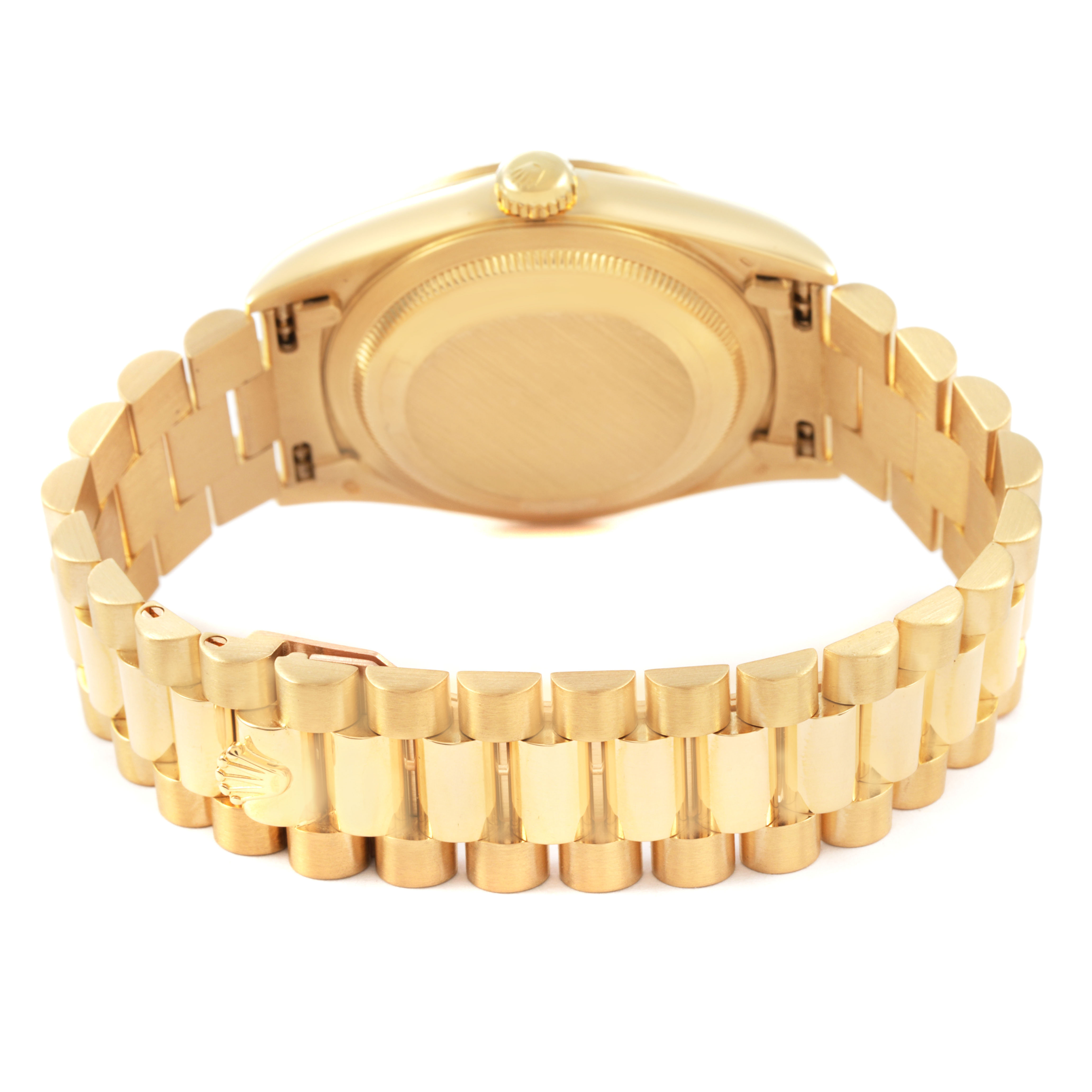 The image shows the back view of a Rolex President 18238 Men's Yellow Gold Champagne Dial model watch, featuring its case back and gold bracelet.
