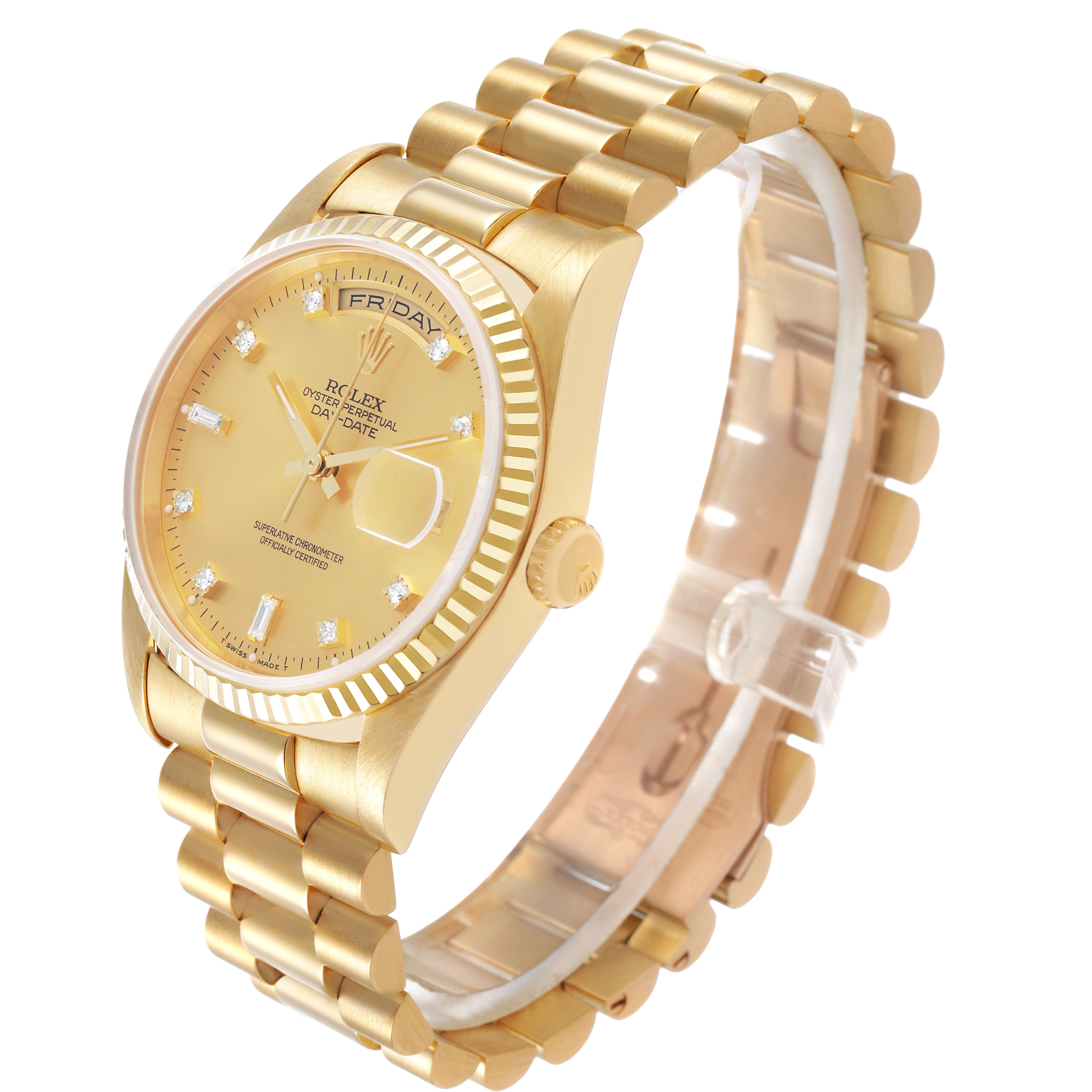 The Rolex President 18238 Men's Yellow Gold Champagne Dial model is shown at a three-quarter angle, displaying the face, bezel, crown, and bracelet.