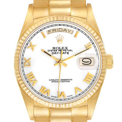 The Rolex President 18038 Men's Yellow Gold White Dial model is shown from the front, highlighting its gold case, white dial, date, and day display.
