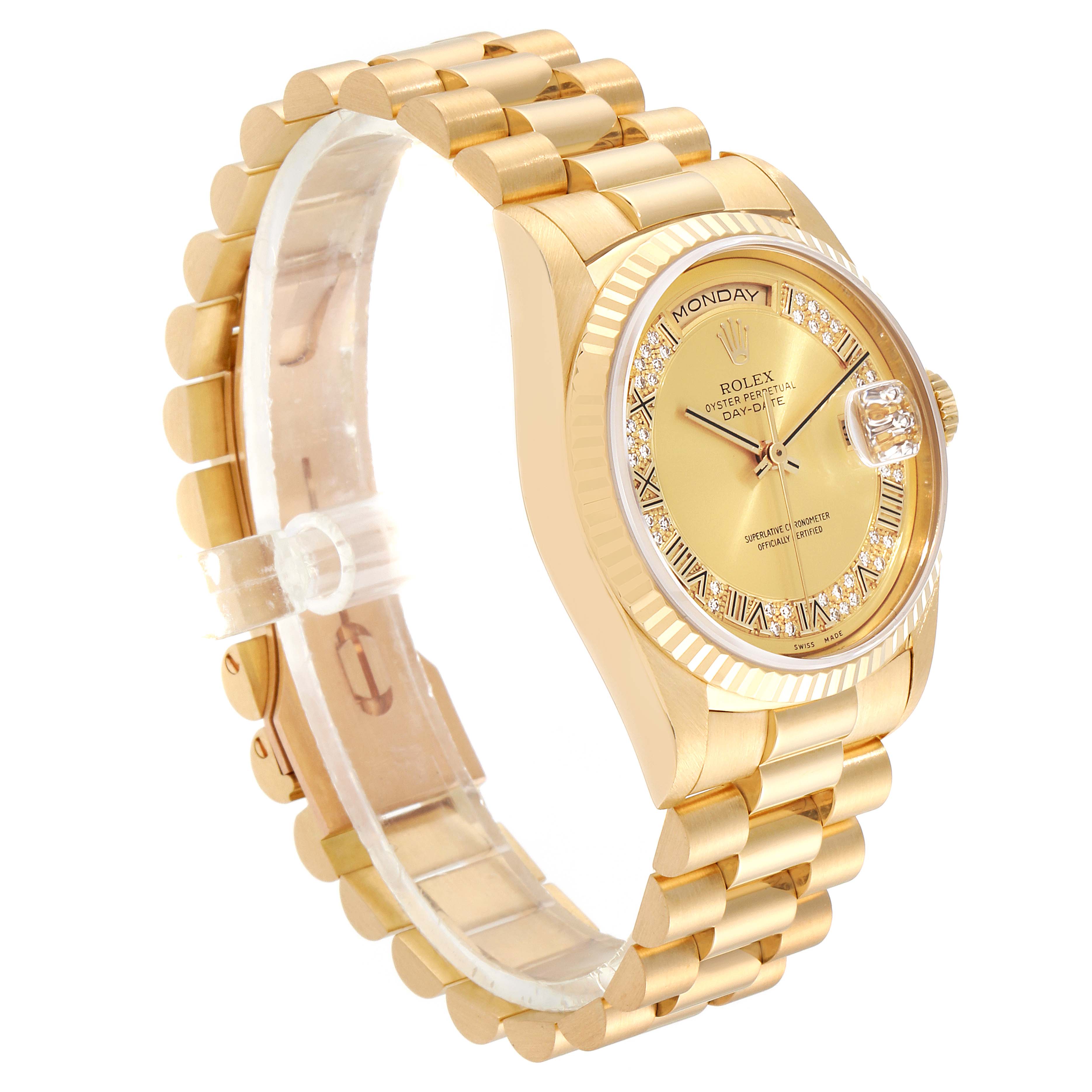 The Rolex President 18238 Men's Yellow Gold Champagne Dial 18238 Men's Yellow Gold Champagne Dial model is shown at a side angle, displaying the watch face, band, and crown.