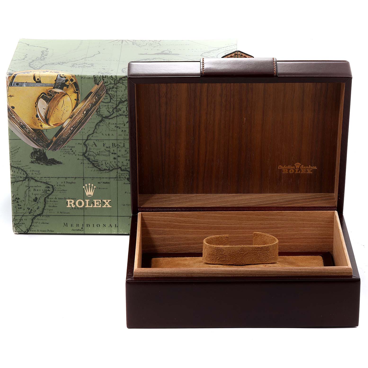 The image shows an open Rolex President 18238 Men's Yellow Gold Champagne Dial 18238 Men's Yellow Gold Champagne Dial model watch box with its green outer packaging in the background.