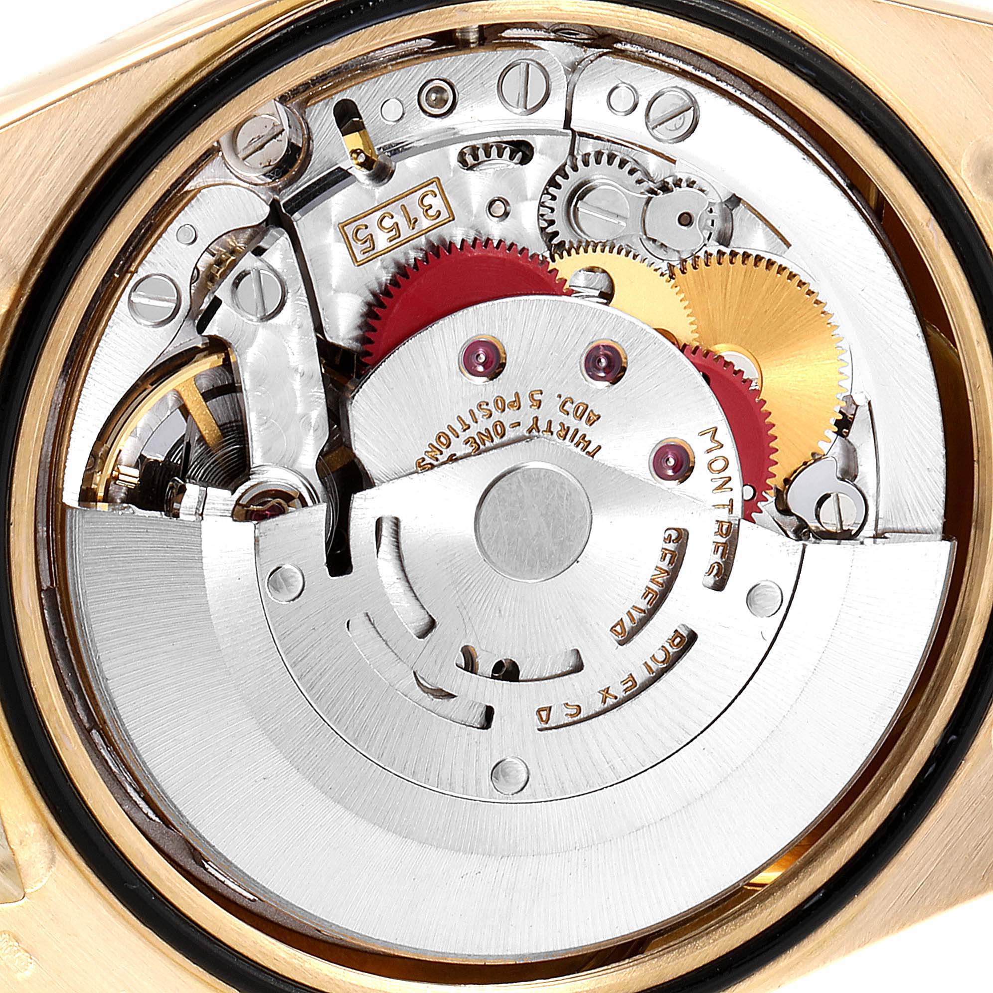 This image shows the internal mechanism of a Rolex President 18238 Men's Yellow Gold Champagne Dial 18238 Men's Yellow Gold Champagne Dial model watch, including gears and movement components.