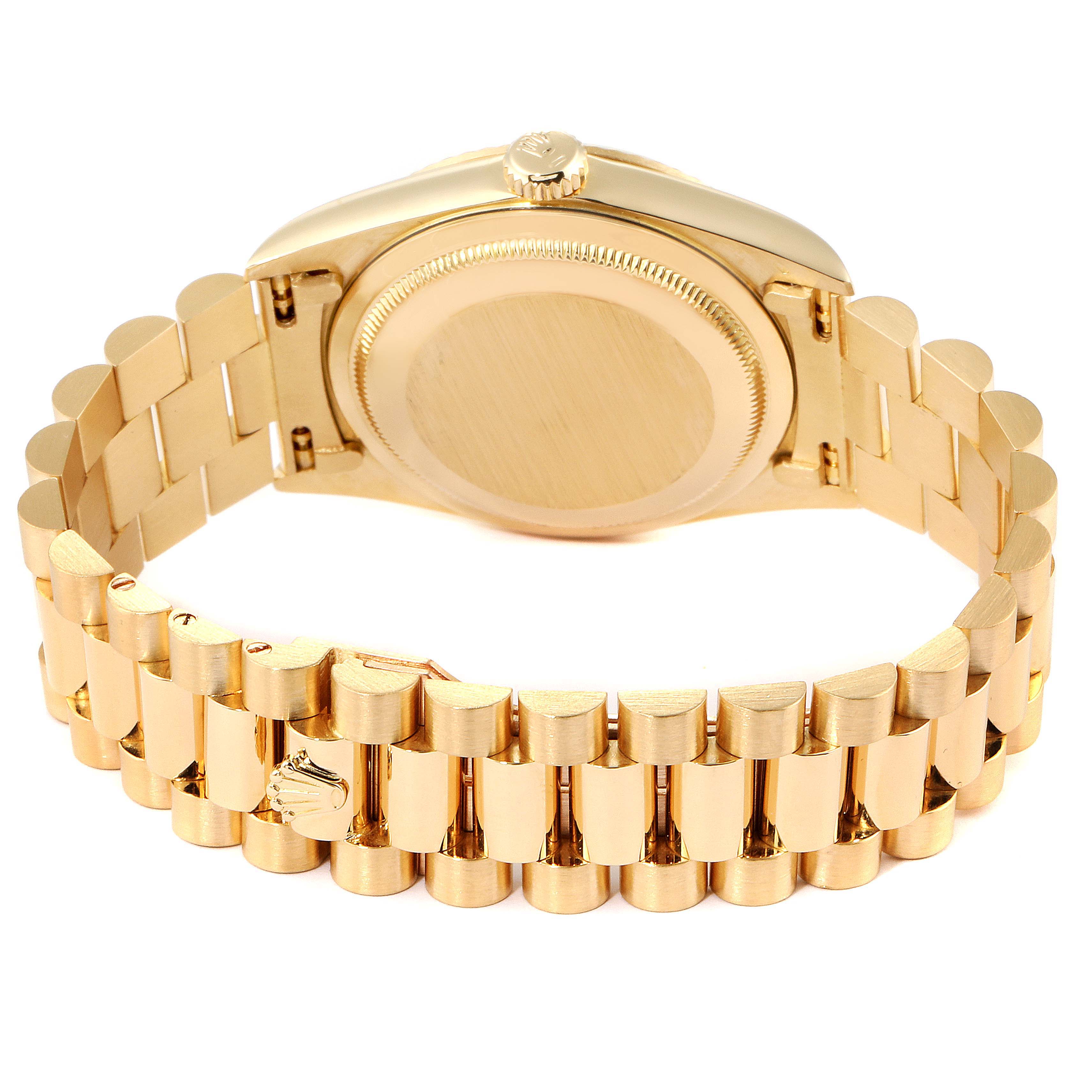 The image shows the back case and bracelet of a gold Rolex President 18238 Men's Yellow Gold Champagne Dial 18238 Men's Yellow Gold Champagne Dial model watch.