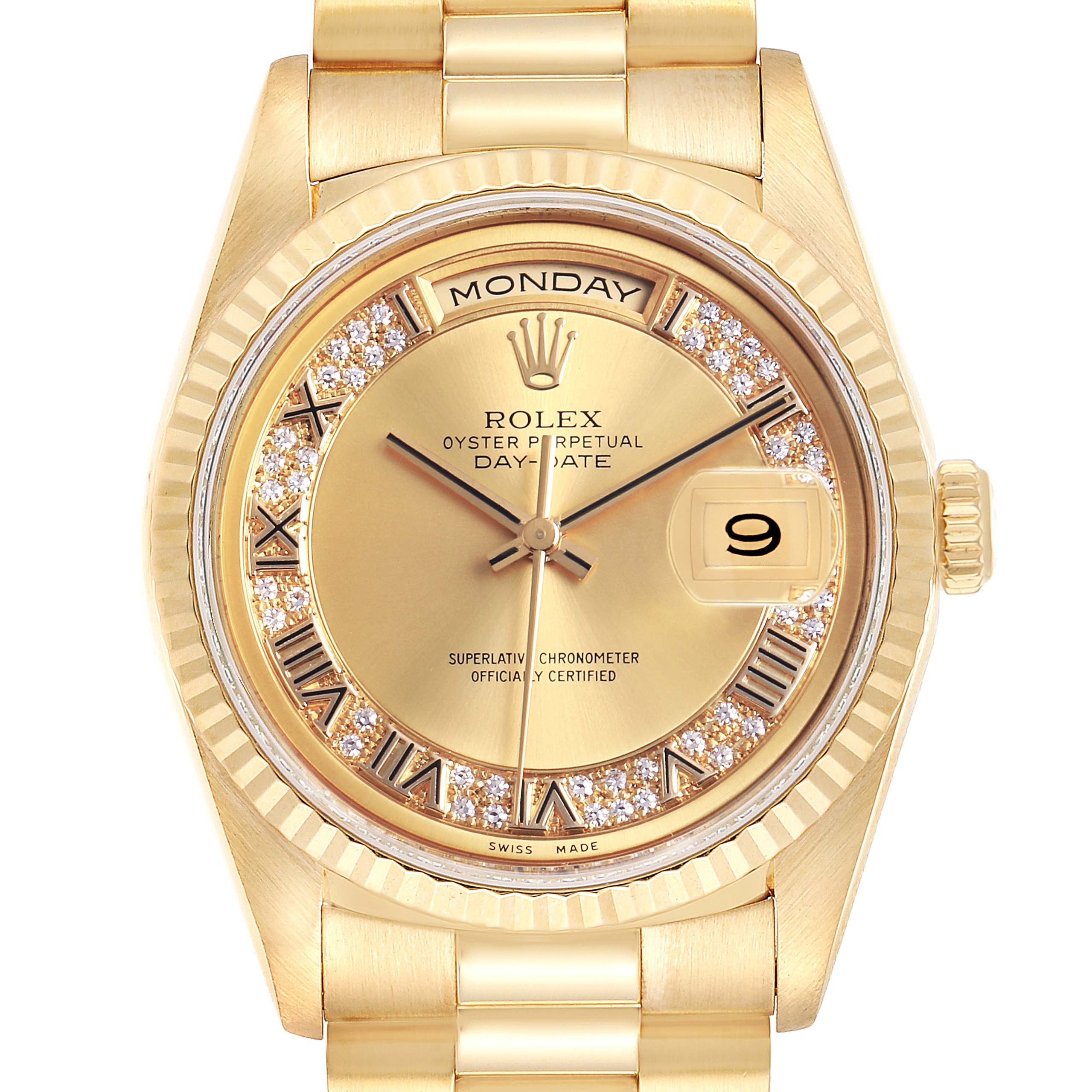 The image shows a front view of a Rolex President 18238 Men's Yellow Gold Champagne Dial 18238 Men's Yellow Gold Champagne Dial model watch, including the dial, bezel, and part of the bracelet.
