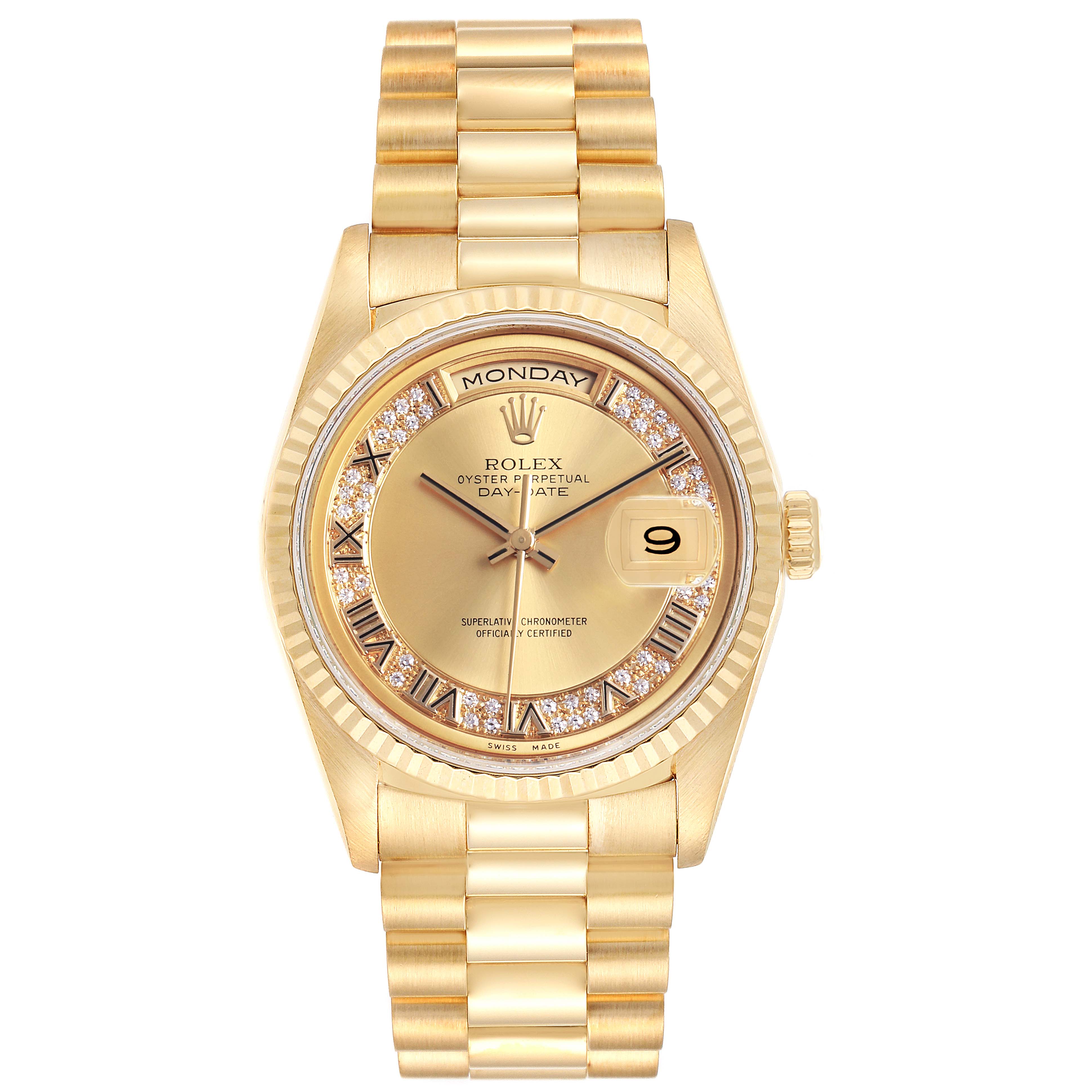 The image shows a Rolex President 18238 Men's Yellow Gold Champagne Dial 18238 Men's Yellow Gold Champagne Dial model watch from the front view, displaying the dial, day and date windows, and the bracelet.