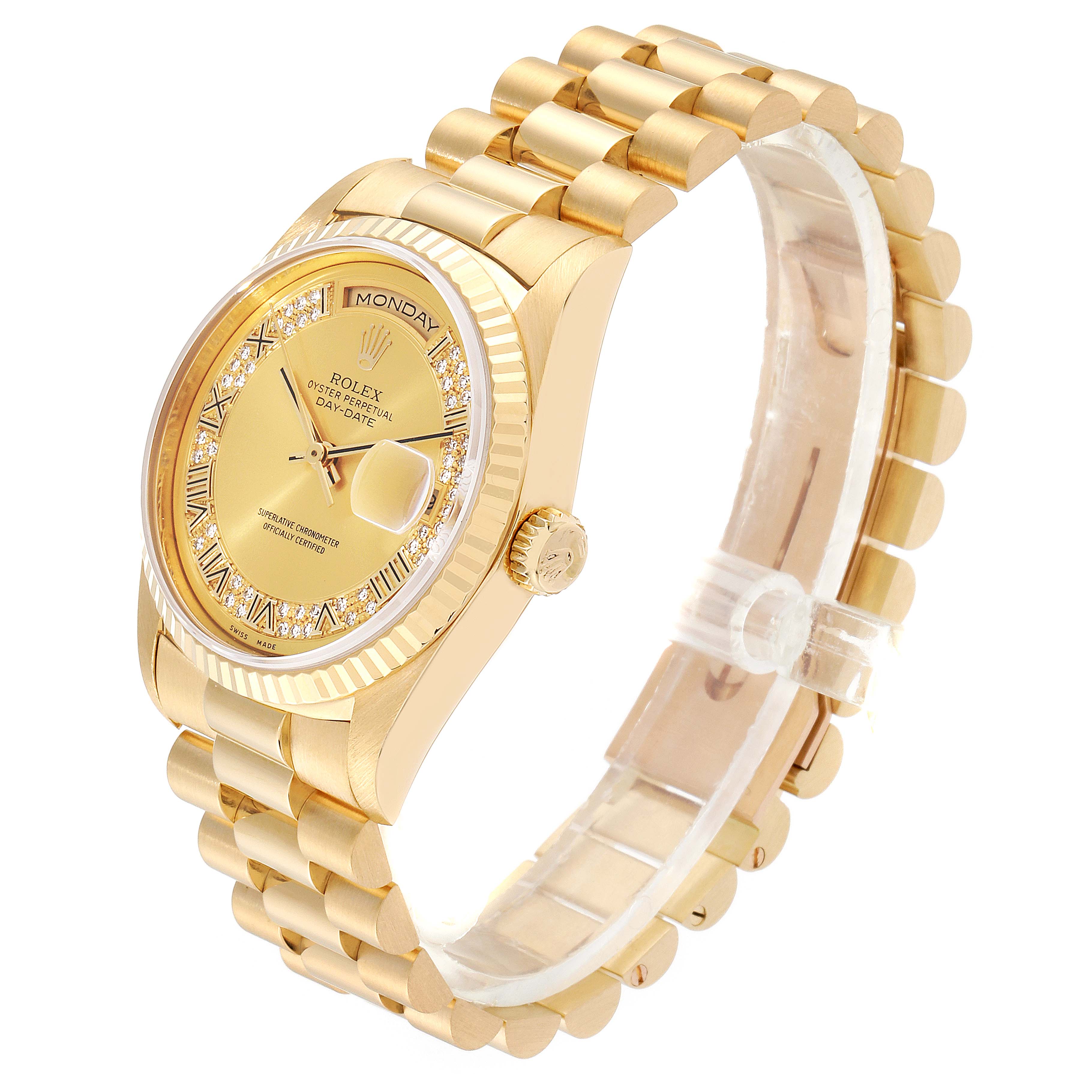 The Rolex President 18238 Men's Yellow Gold Champagne Dial 18238 Men's Yellow Gold Champagne Dial model is shown at an angle displaying its gold bracelet, dial, crown, and day-date display.
