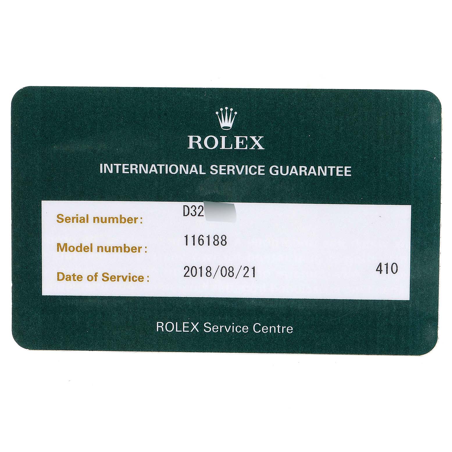 This image shows the International Service Guarantee card for a Rolex Datejust 116188 Men's Yellow Gold Mother of Pearl Dial 116188 Men's Yellow Gold Mother of Pearl Dial with the model number 116188.