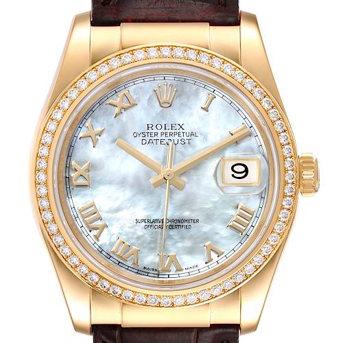 Photo of Rolex Datejust Yellow Gold Mother of Pearl Diamond Mens Watch 116188 Box Card