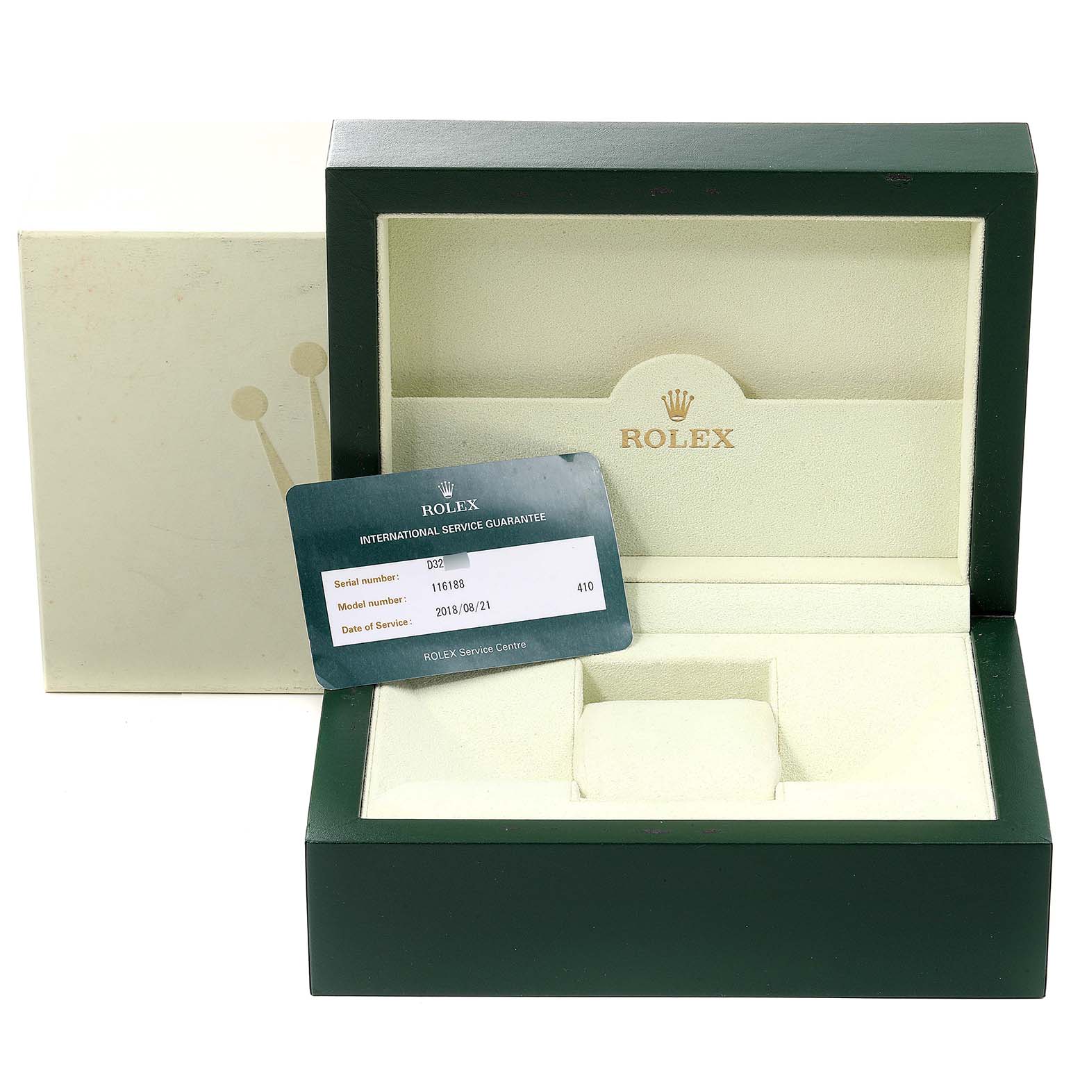 The image shows a Rolex Datejust 116188 Men's Yellow Gold Mother of Pearl Dial 116188 Men's Yellow Gold Mother of Pearl Dial watch box and an international service guarantee card, viewed from the front.